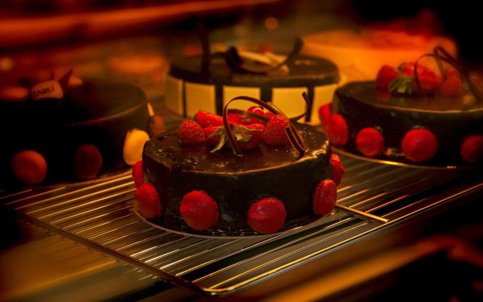 Chocolate Cake 桌布 壁紙 — 豐富的巧克力蛋糕飾以新鮮覆盆子和巧克力卷，在金色烘焙燈光下溫暖地閃耀。