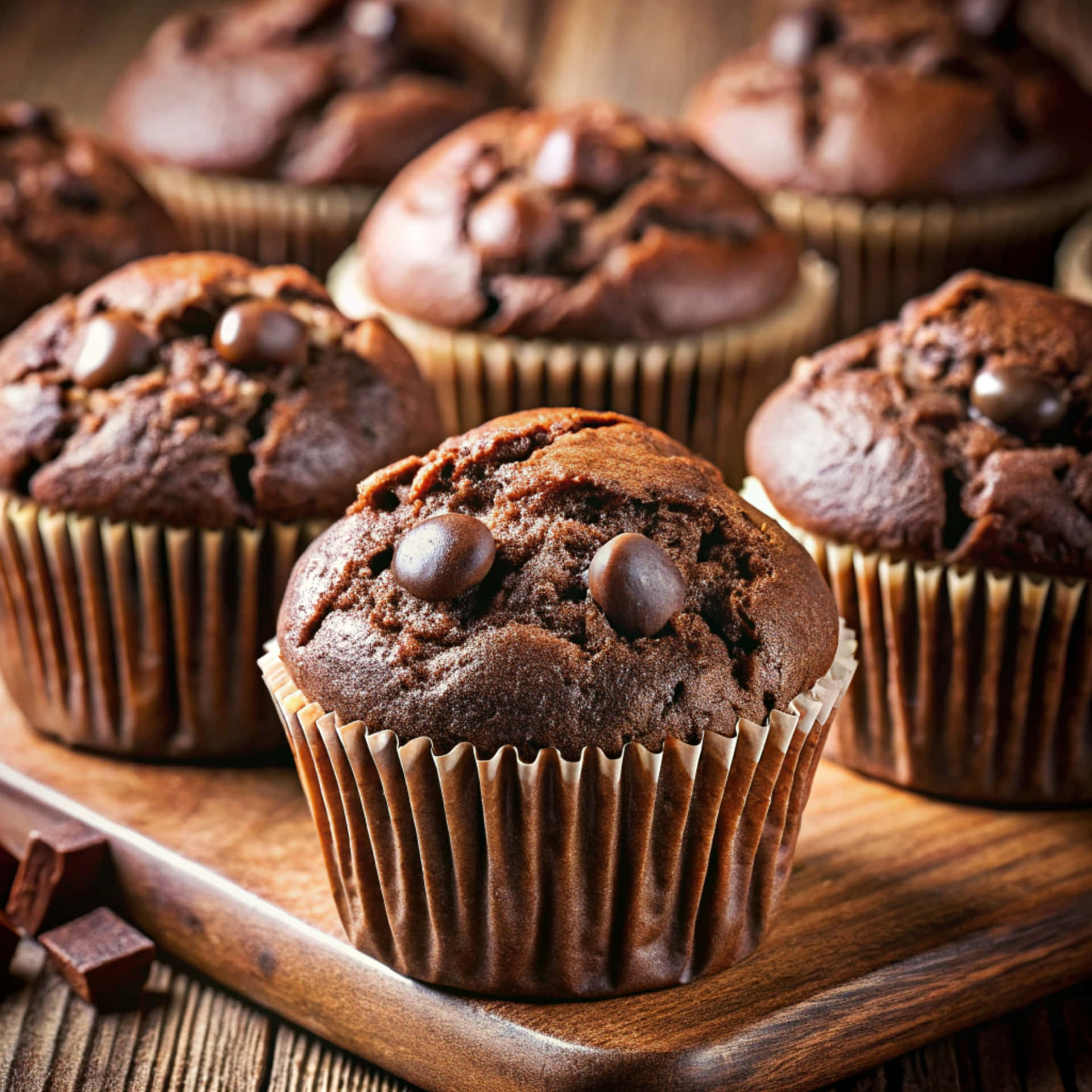 Delicious chocolate muffins 壁紙 — 豐富的巧克力鬆餅配閃亮的巧克力豆，放在棕色紙托上，置於鄉村風木板上。