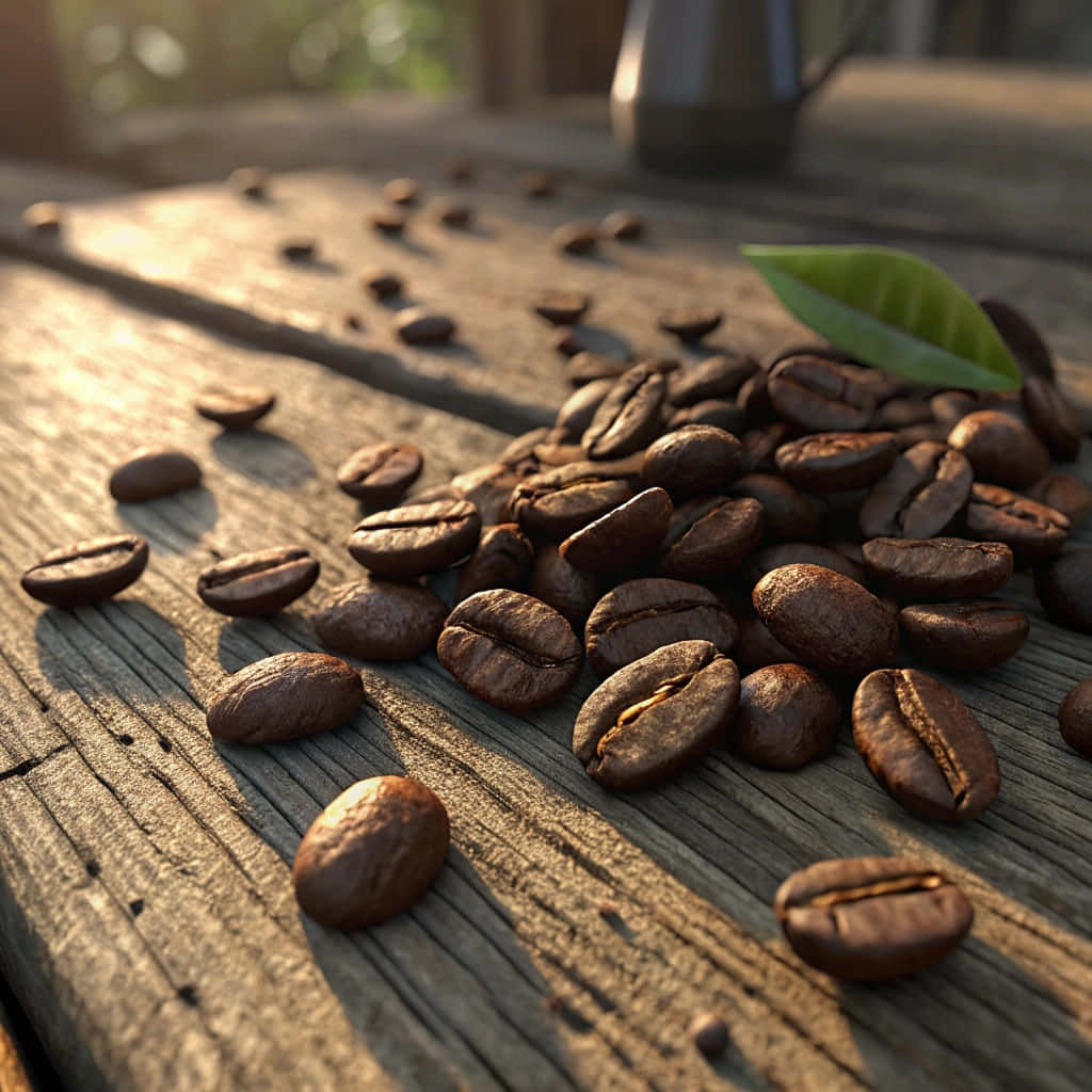 Warm sunlight illuminates scattered roasted coffee beans on a rustic wooden table 壁紙 — 豐富的棕色咖啡豆散落在風化的木板上，一片綠葉和一個模糊的金屬水壺在柔和的金色光線中。