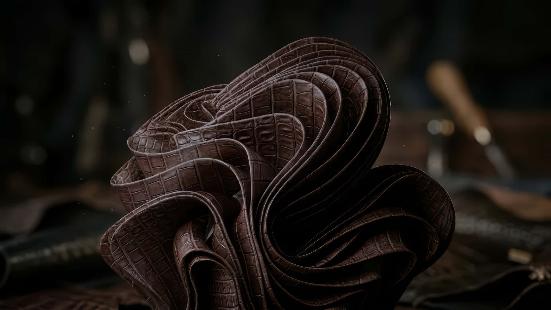 Crocodile Leather Bloom modded wallpaper for desktop Enhancement, 壁紙 — 豐富的棕色鱷魚紋皮革在黑暗模糊的工作室背景下以漩渦狀褶皺藝術地垂墜。