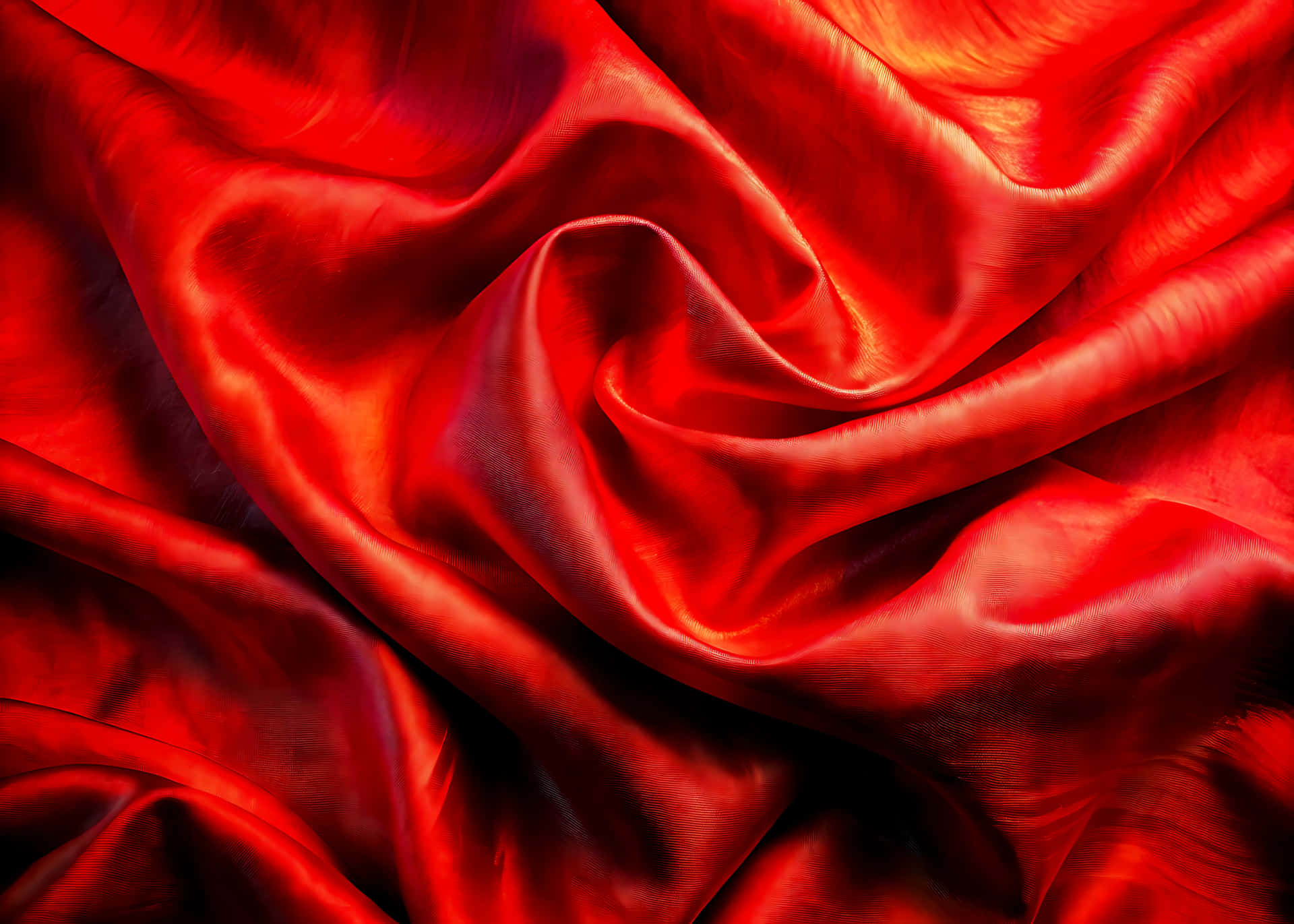 Luxurious red satin fabric with a smooth, shiny wave texture creates an elegant silk backdrop 壁紙 — 豐富的深紅色絲綢布料在深褶中流動，捕捉光線，帶有光澤高光和陰影褶皺。