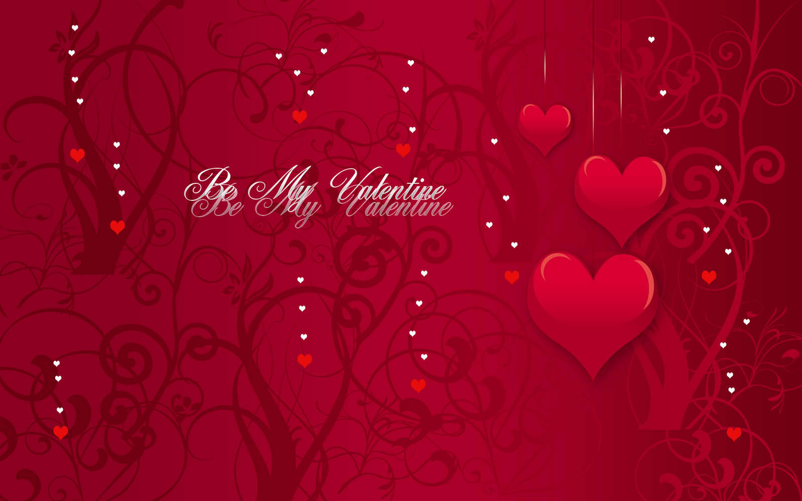 Happy Valentines Day 桌布 壁紙 — 豐富的紅色數位桌布，帶有旋轉藤蔓和漂浮的心形，並有文字 Be My Valentine。