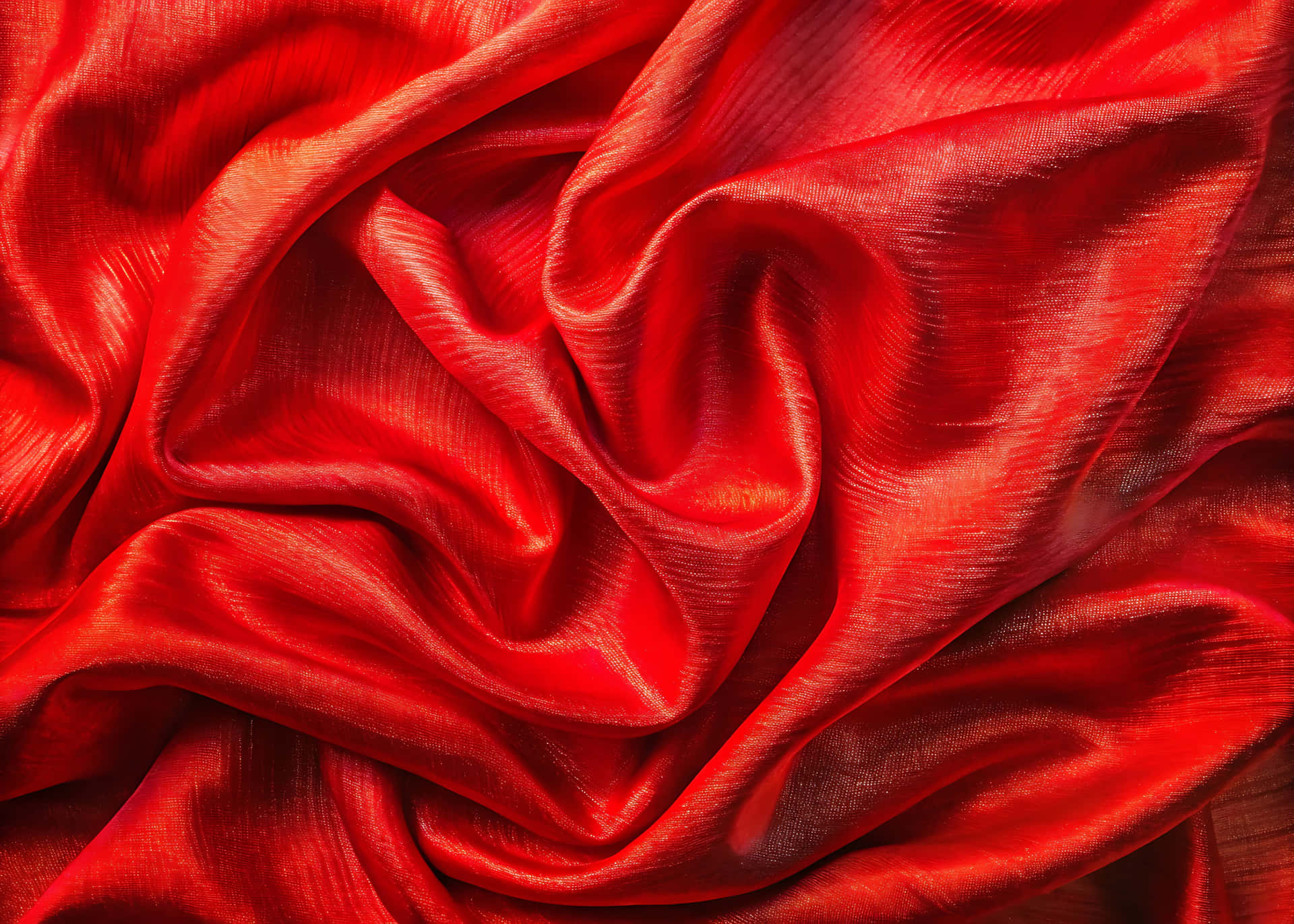 Luxurious red satin fabric with a smooth, shiny wave texture creates an elegant silk backdrop 壁紙 — 豐富的紅色緞面布料，帶有深褶和閃爍亮點，營造出豪華的紋理表面。