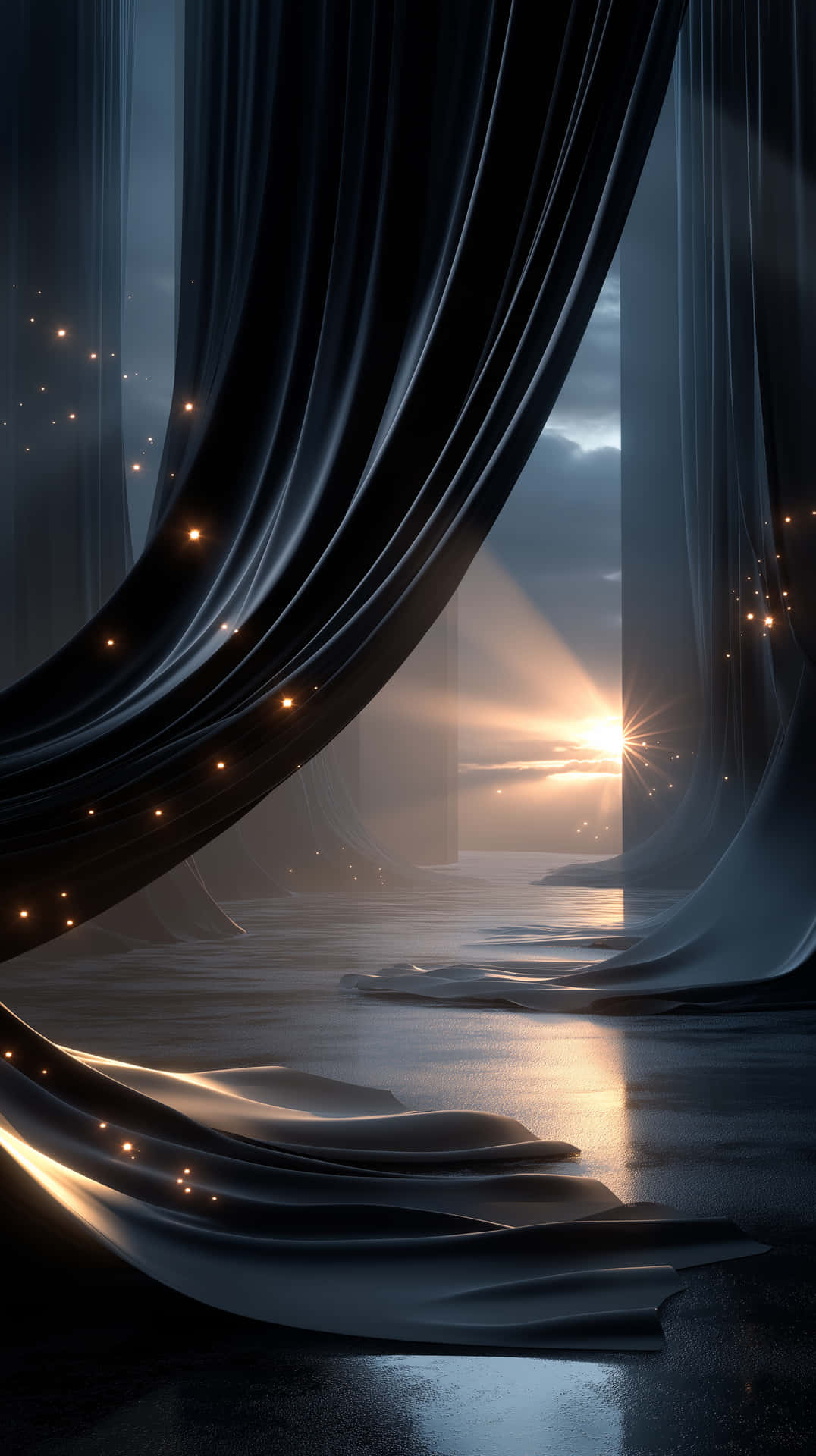 Mysterious Curtain Opening to Golden Light and Sparkling Dust 壁紙 — 豐盈的深色窗簾拉開，露出反射表面上的閃耀日落，伴隨著漂浮的金色光芒。
