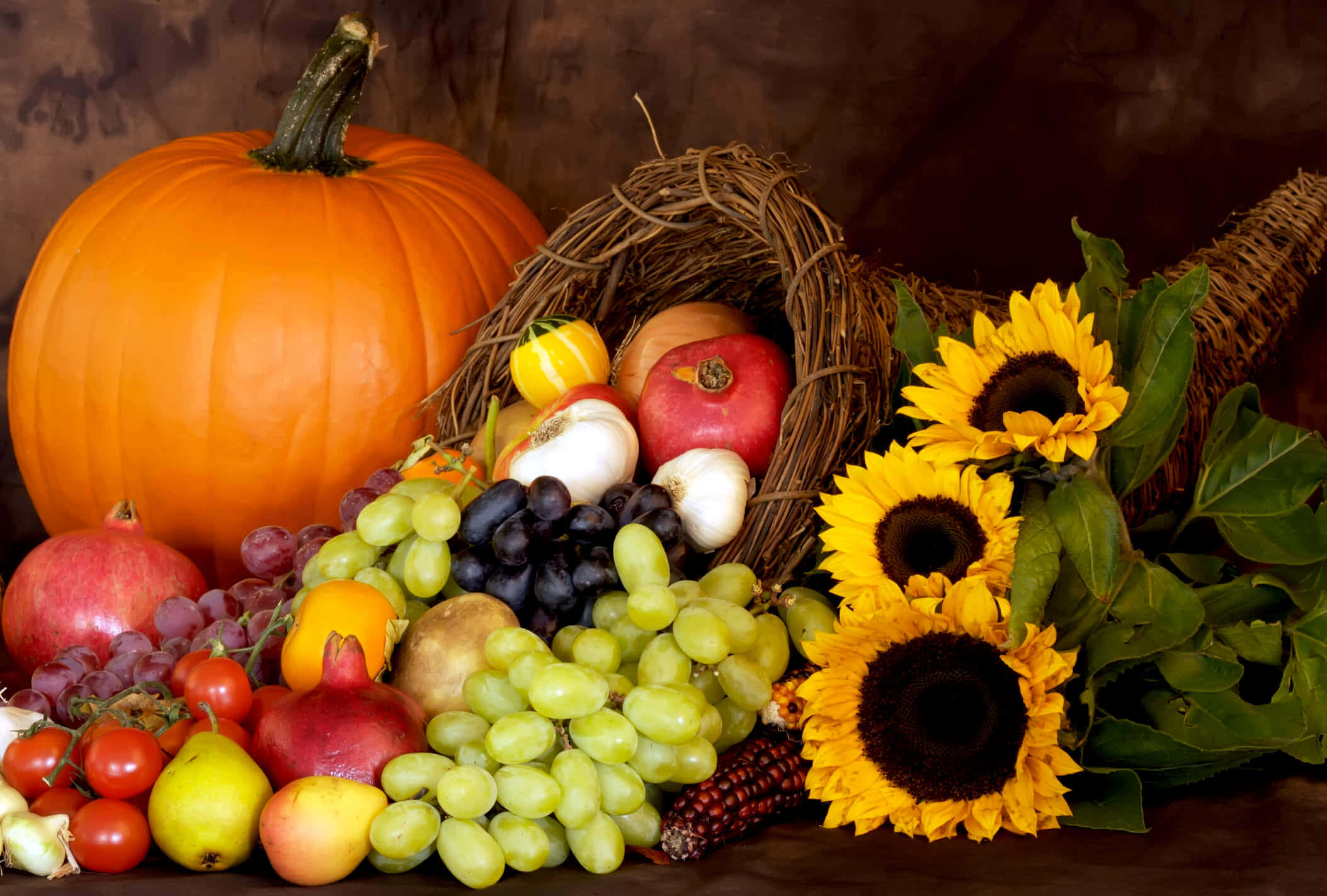 Autumn Bounty 桌布 壁紙 — 豐盛的秋季收成展示，包括南瓜、向日葵、葡萄、石榴和玉米，以鄉村風格聚寶盆排列。
