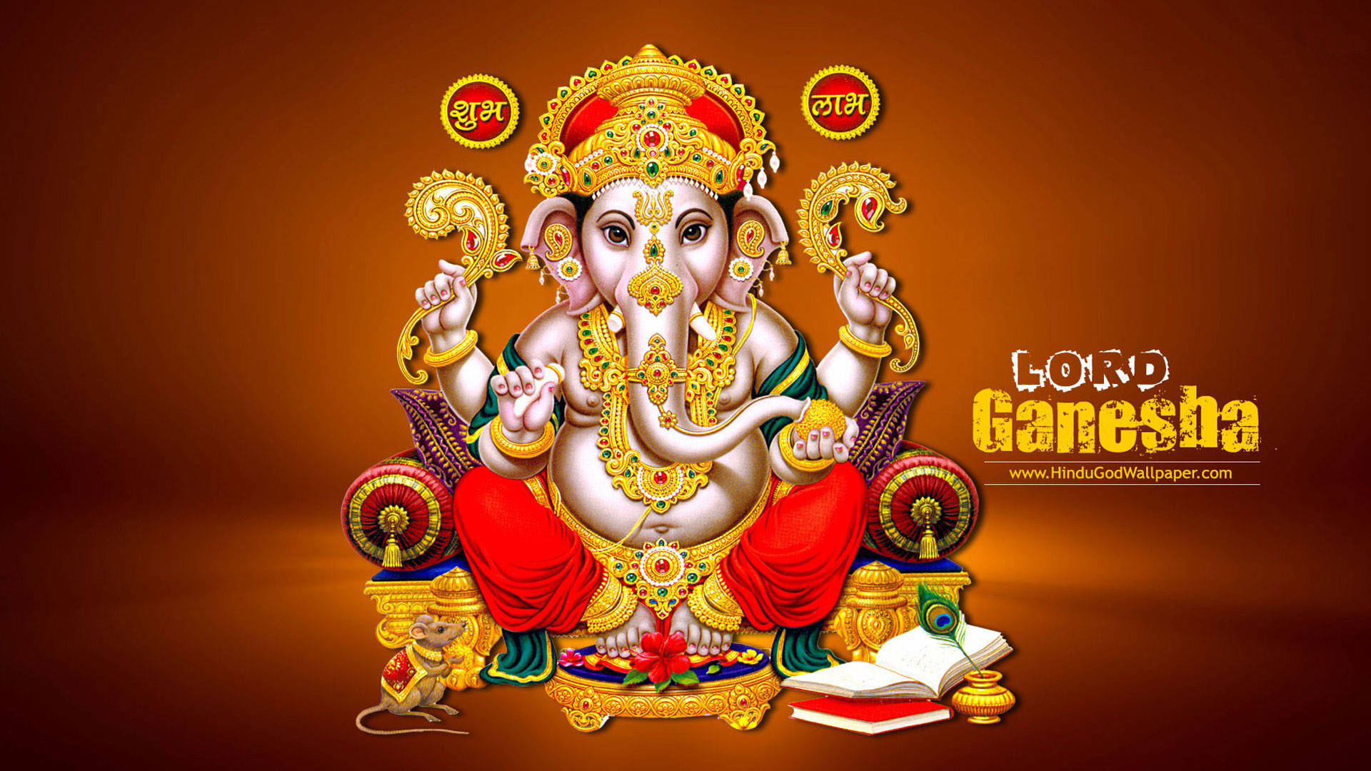 象神甘尼夏 桌布 壁紙 — 象神 Lord Ganesha 佩戴金色珠寶和紅色腰布，威嚴地坐在華麗的寶座上，腳邊有一隻老鼠，周圍有神聖的符號。