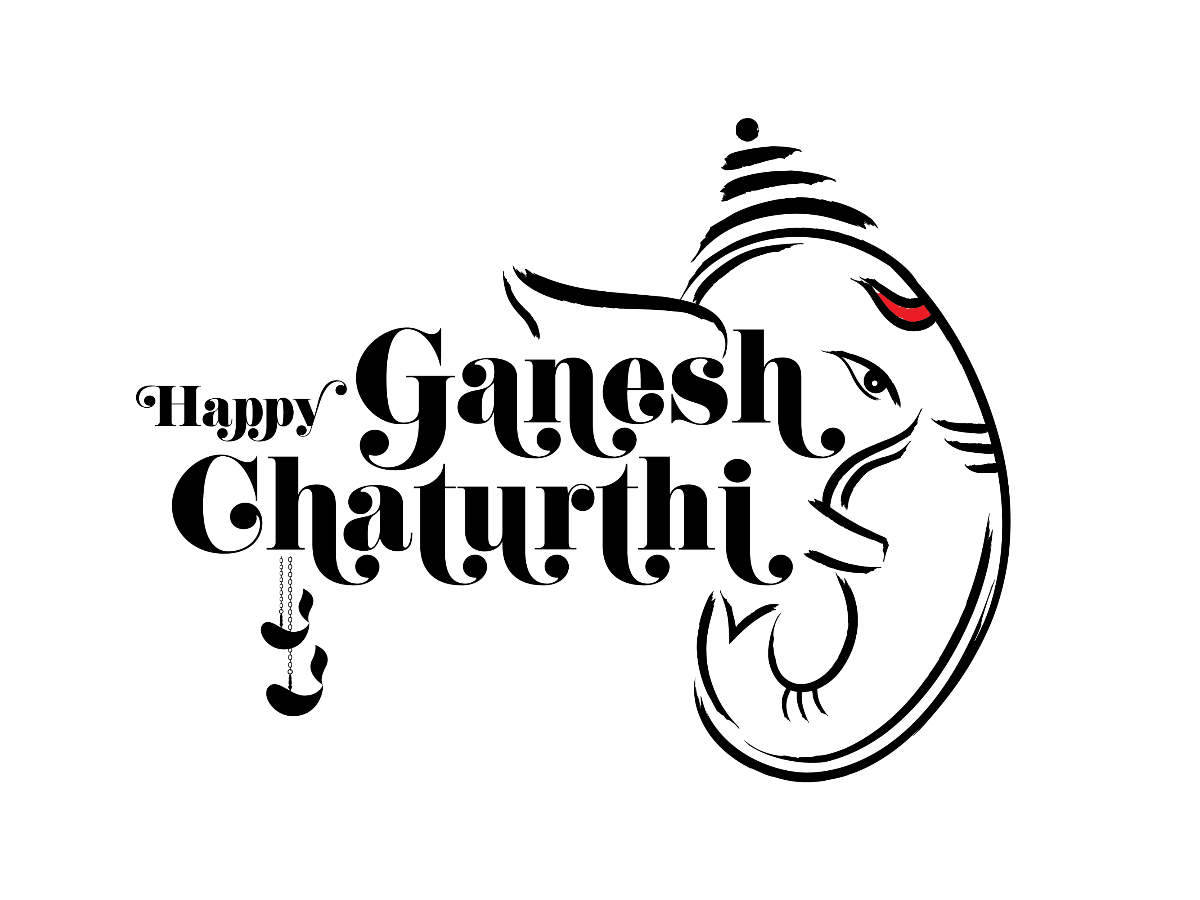 Ganesh 桌布 壁紙 — 象神 Lord Ganesha 的優雅黑白插圖，帶有紅色眼睛點綴和風格化的「Happy Ganesh Chaturthi」文字。
