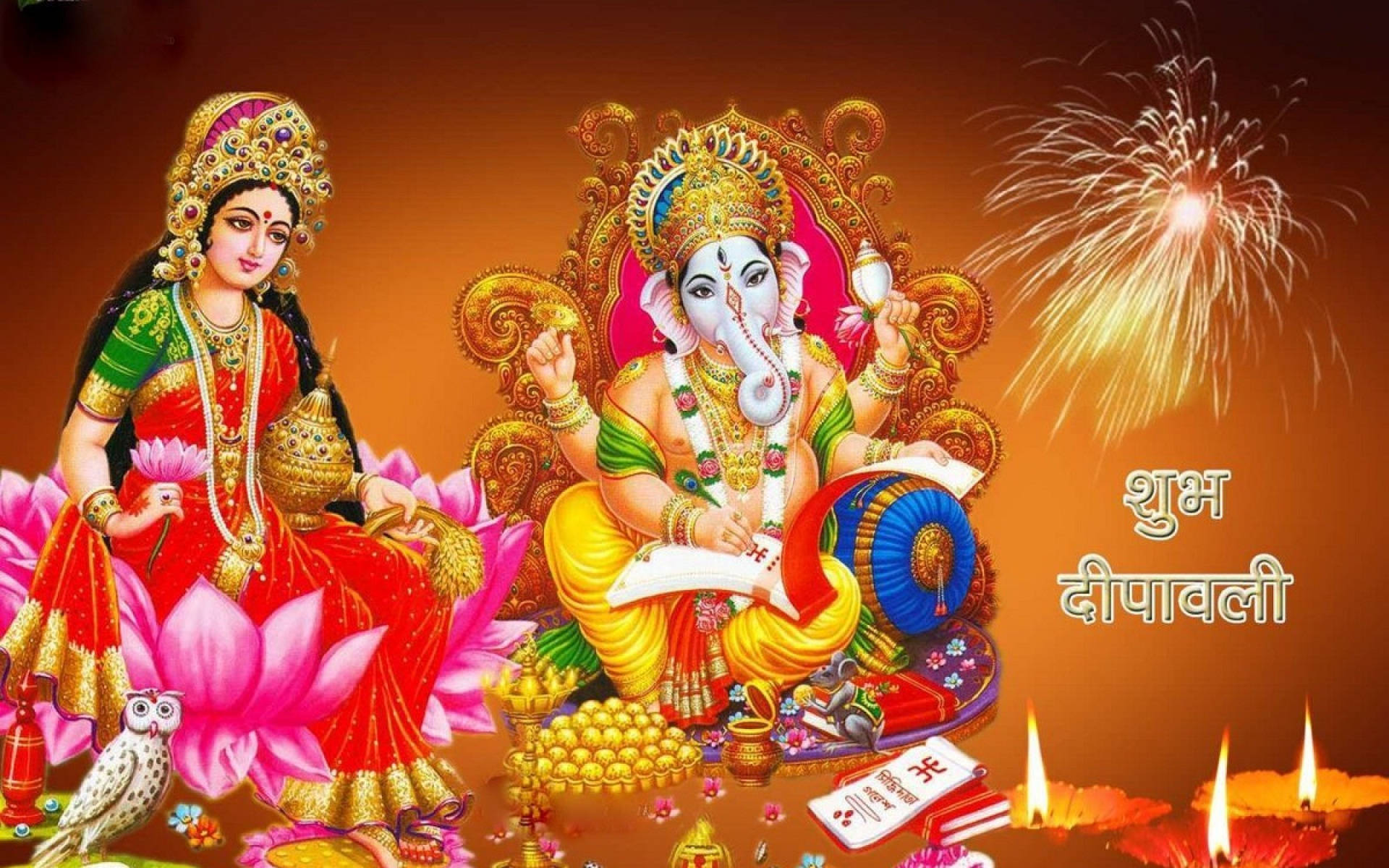 Lakshmi Devi 桌布 壁紙 — 象神甘尼許和吉祥天女拉克什米莊嚴地坐在煙火、蠟燭和金幣之中，以鮮豔色彩和華麗細節慶祝排燈節。