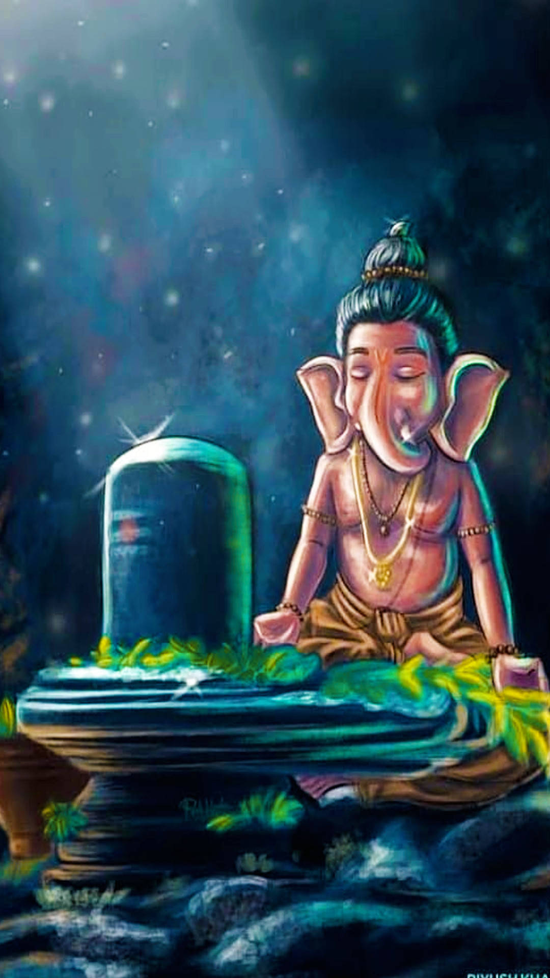god mobile 桌布 壁紙 — 象神甘尼許在閃耀的濕婆林伽旁平靜地冥想，星空下散發著燦爛的藍色和綠色色調。