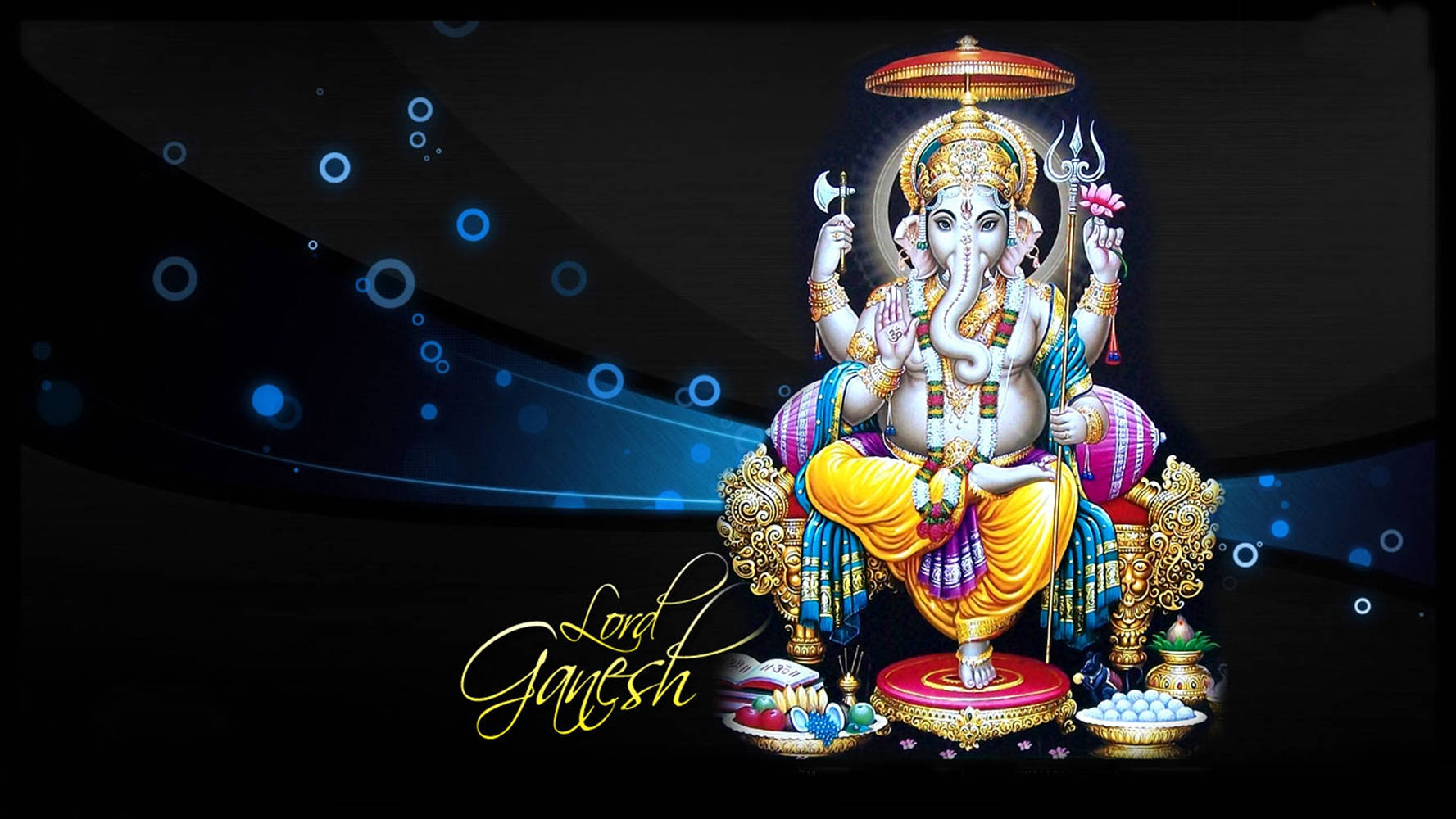 Hindu God 桌布 壁紙 — 象神迦尼薩威嚴地坐在華麗的寶座上，寶座飾有鮮豔的布料和金色裝飾，背景是黑暗的，帶有發光的藍色球體。