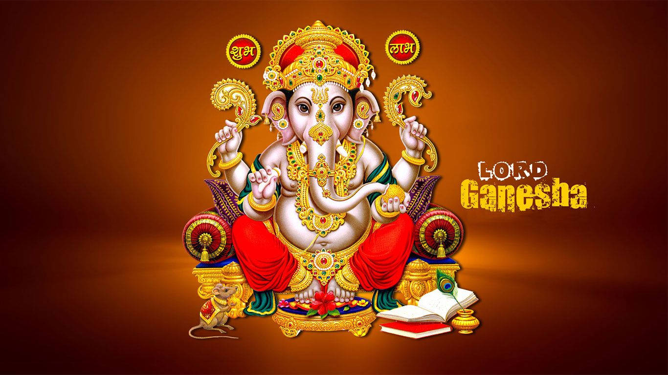 Ganesh 桌布 壁紙 — 象頭神伽內什以金紅裝飾，威嚴地坐在華麗的寶座上，腳邊有一隻老鼠，周圍有神聖的符號。