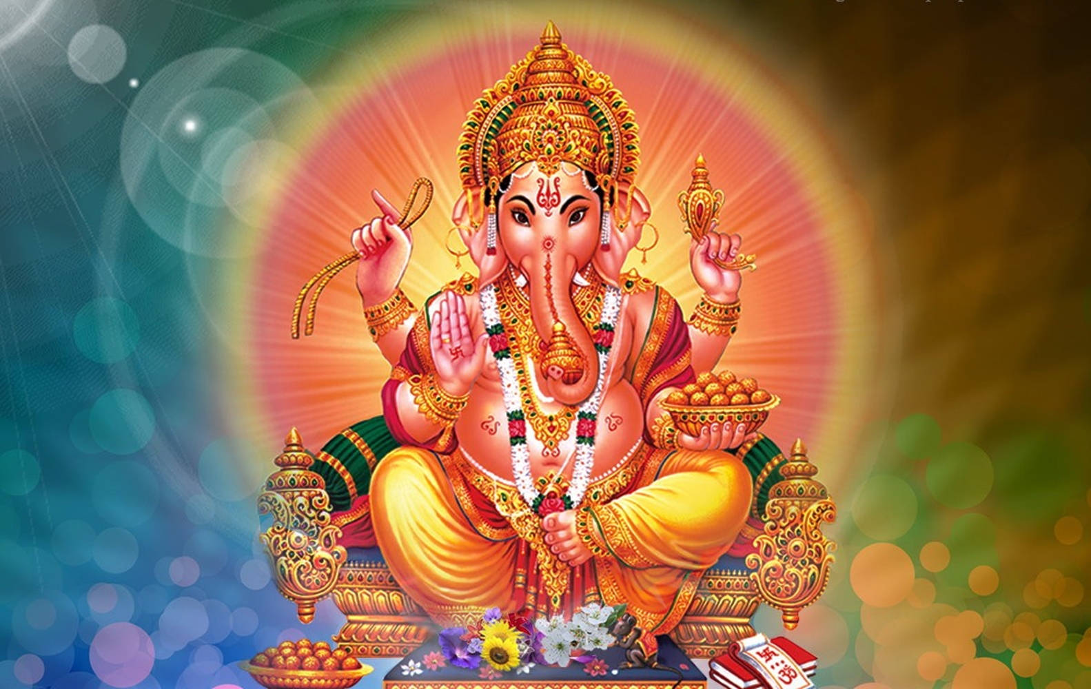 Hindu God 桌布 壁紙 — 象頭神伽內什莊嚴地坐在華麗的寶座上，寶座飾有鮮花和供品，背景是光芒四射的光環和散景。