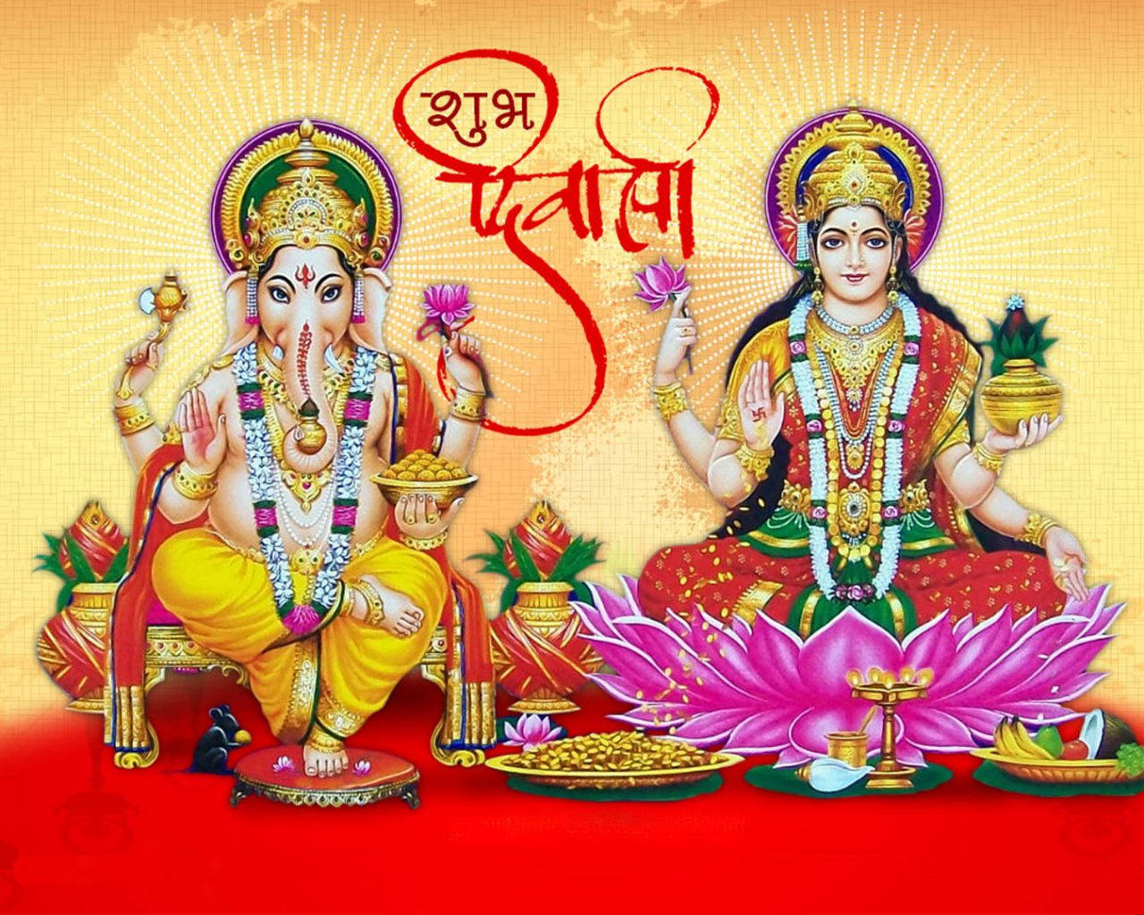 Ganesh 桌布 壁紙 — 象頭神和吉祥天女威嚴地坐在一個裝飾著蓮花、金幣和供品的紅色平台上，沐浴在燦爛的金色陽光中。