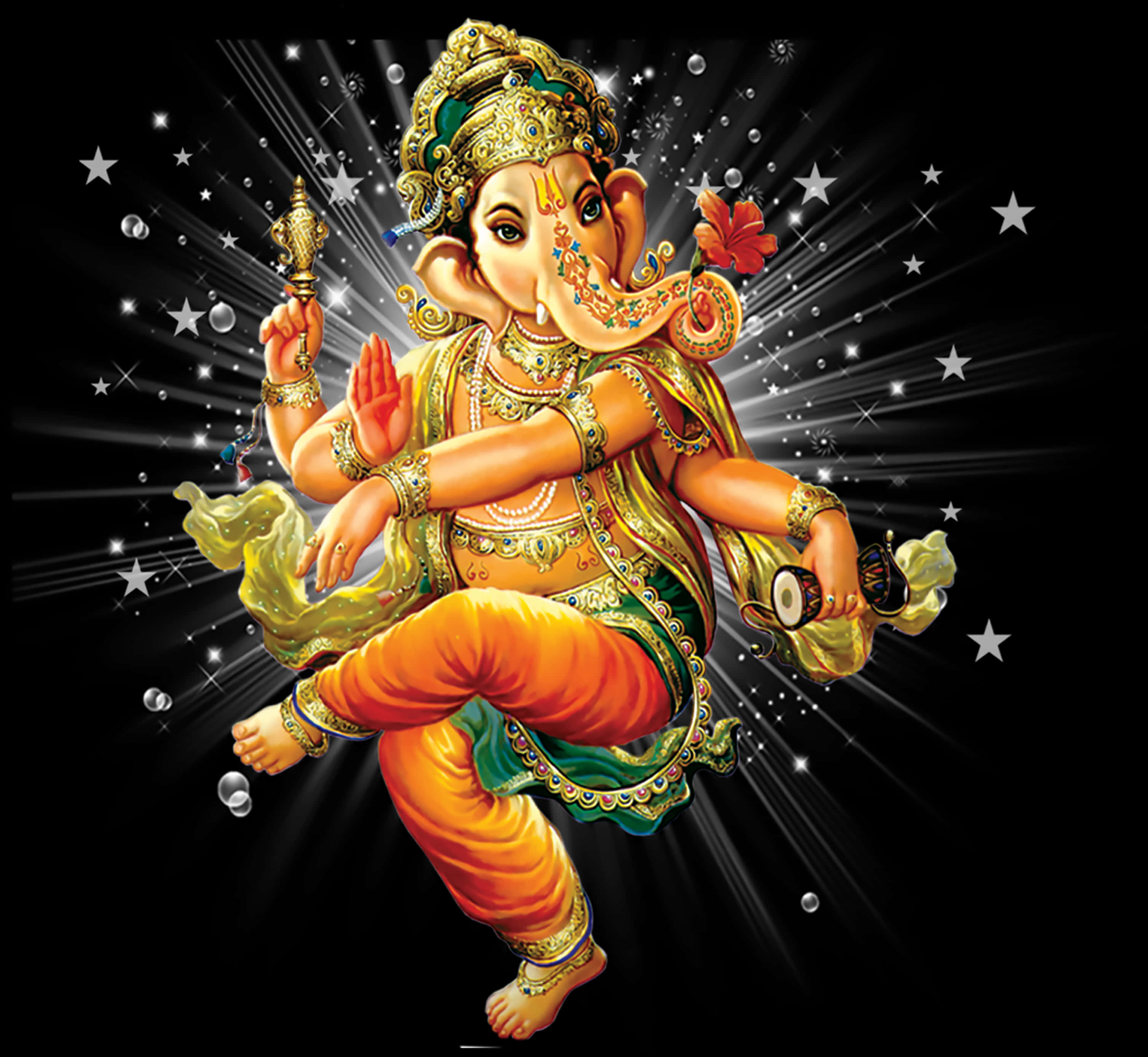 Hindu God 桌布 壁紙 — 象頭神在星空黑色背景上動感起舞，伴隨著耀眼的光束和閃爍的粒子。