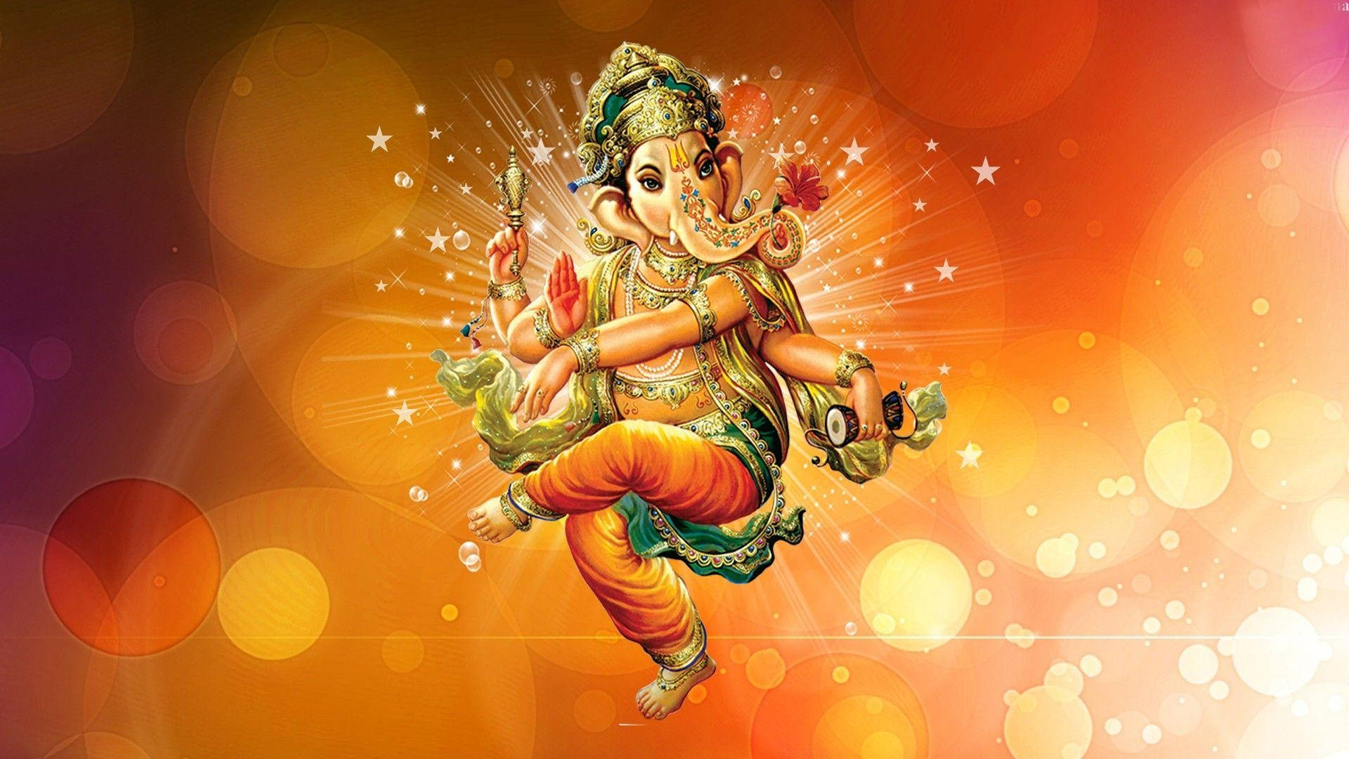 Hindu God 桌布 壁紙 — 象頭神在燦爛的橙色散景背景上動感起舞，伴隨著閃爍的星星和發光球體。