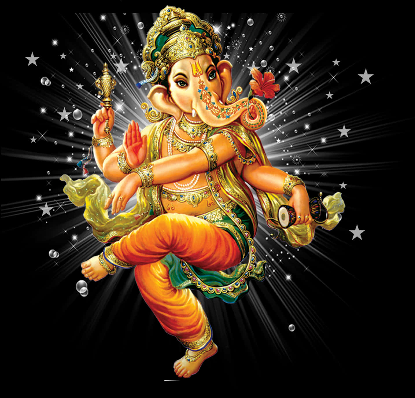 Ganpati 桌布 壁紙 — 象頭神在繁星點點的黑色背景上動感起舞，伴隨著耀眼的光束和漂浮的氣泡。