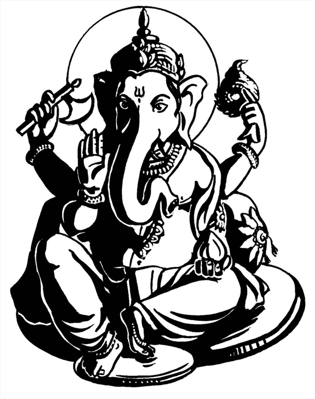 Ganesh 桌布 壁紙 — 象頭神格涅沙坐禪冥想的黑白線條插圖，四臂持有象徵物品。