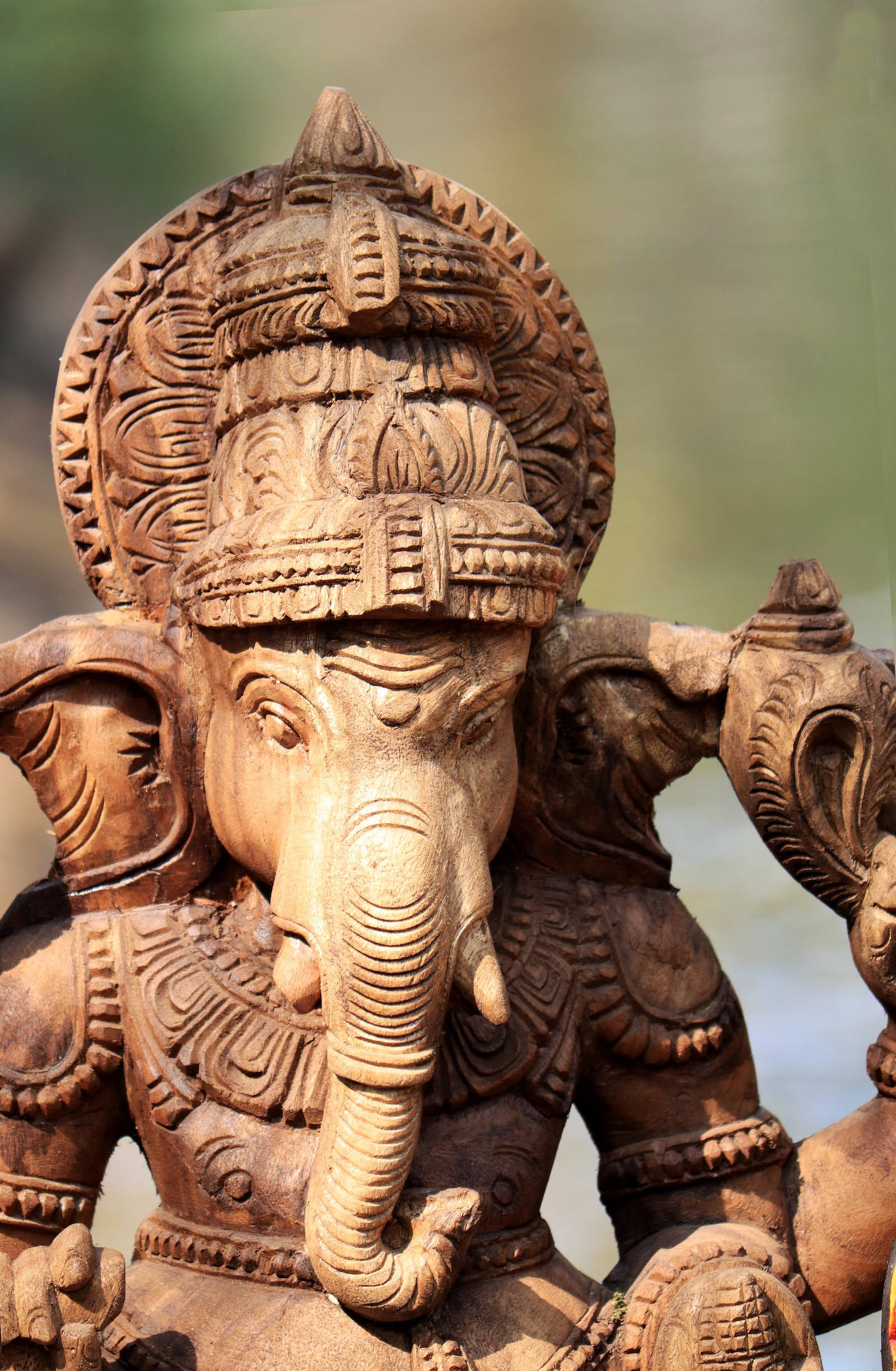 Ganesh 桌布 壁紙 — 象頭神格涅沙精細木雕的近距離特寫，帶有複雜雕刻和象頭。