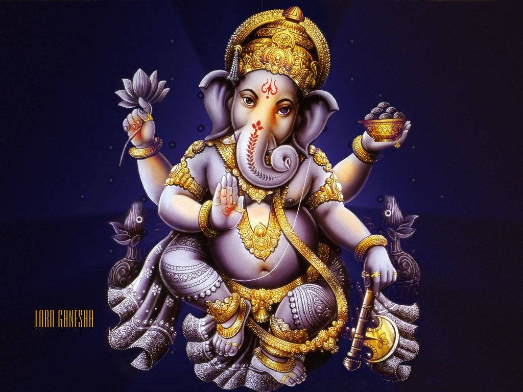Ganesh 桌布 壁紙 — 象頭神甘尼薩佩戴金色珠寶，在繁星點點的深藍色背景下手持蓮花和莫達克。