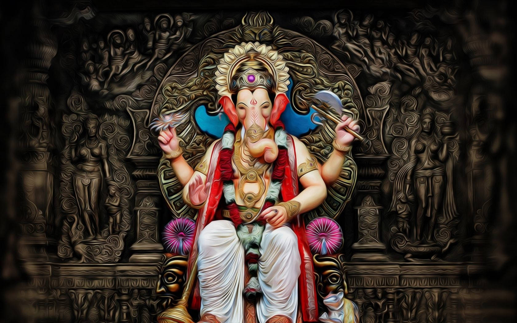 Hindu God 桌布 壁紙 — 象頭神迦內什威嚴地坐在一個裝飾華麗、雕刻精緻並點綴著鮮豔粉紅色花朵的寶座上。