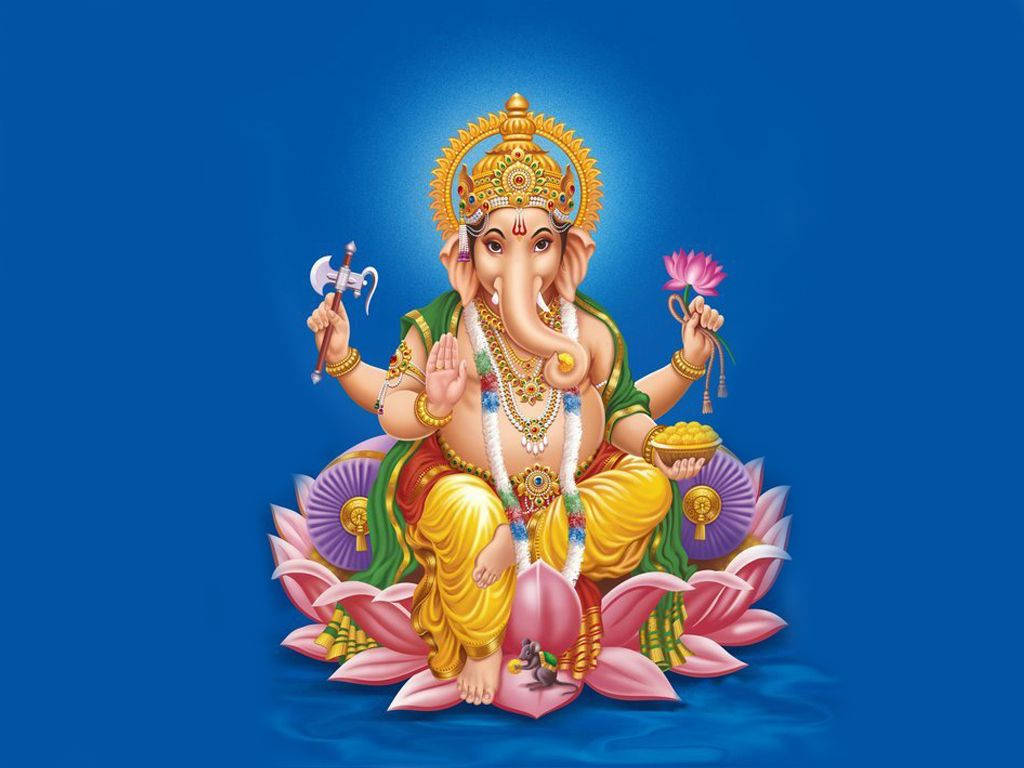 ganpati HD 桌布 壁紙 — 象頭神迦內什威嚴地坐在粉紅色蓮花上，手持蓮花和斧頭，背景是燦爛的藍色。