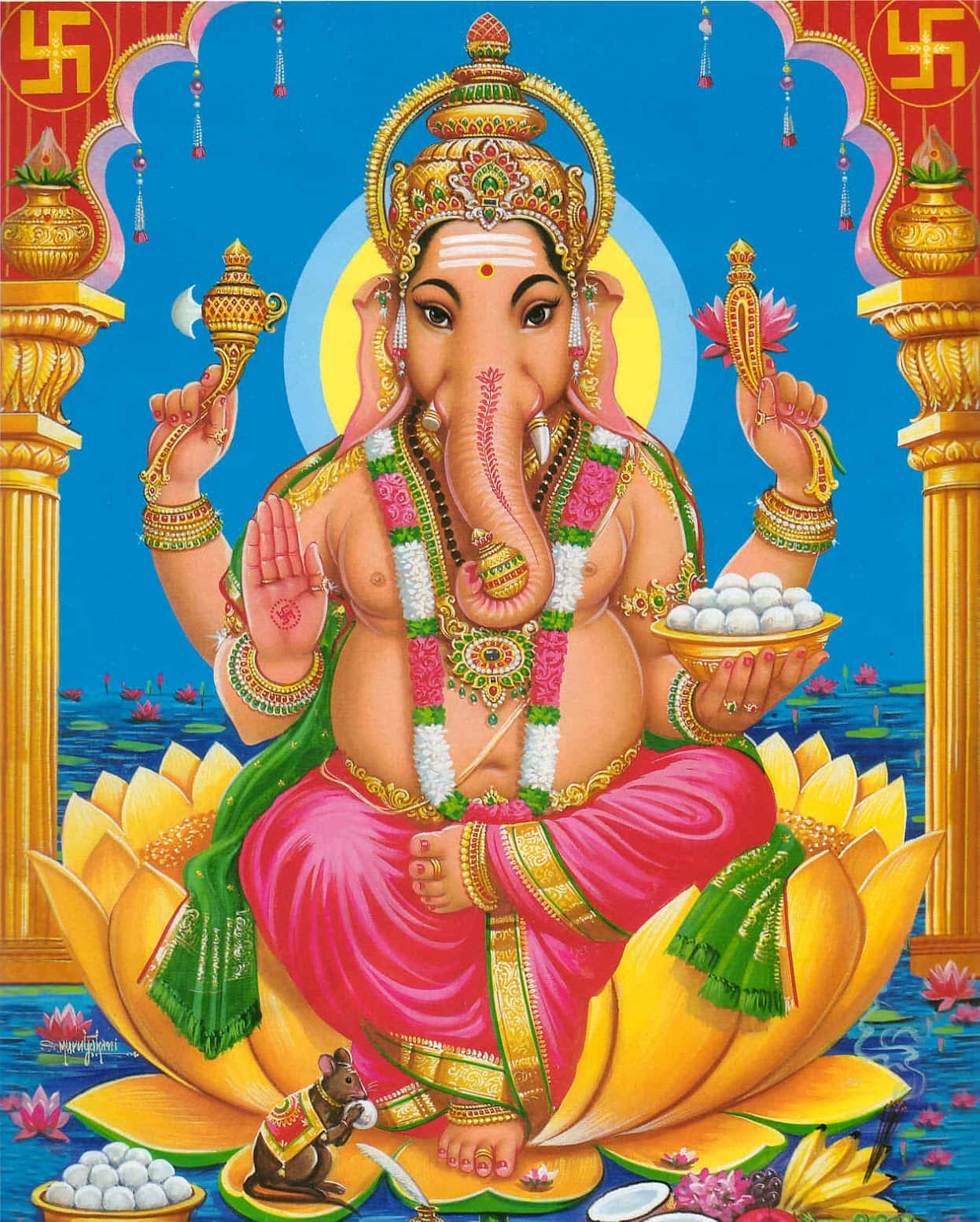 Hanuman 桌布 壁紙 — 象頭神迦內什莊嚴地坐在一朵巨大的黃色蓮花上，蓮花上點綴著粉紅色的花朵和金色柱子，背景是明亮的藍天。