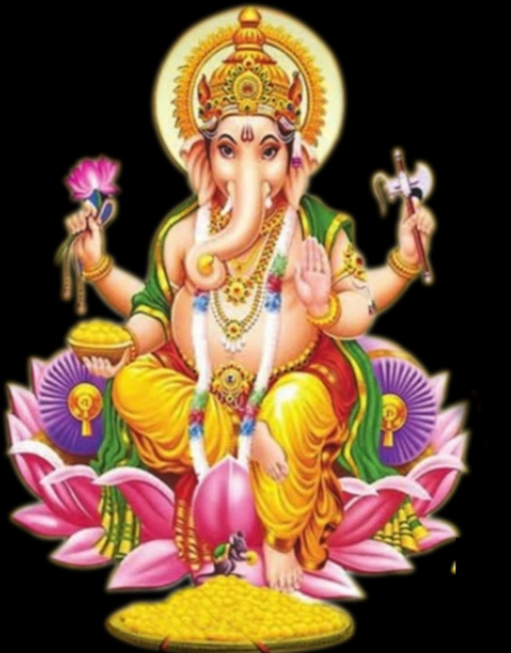 Hindu God 桌布 壁紙 — 象頭神迦內沙威嚴地坐在粉紅色蓮花上，手持智慧與繁榮的象徵，背景為黑色。