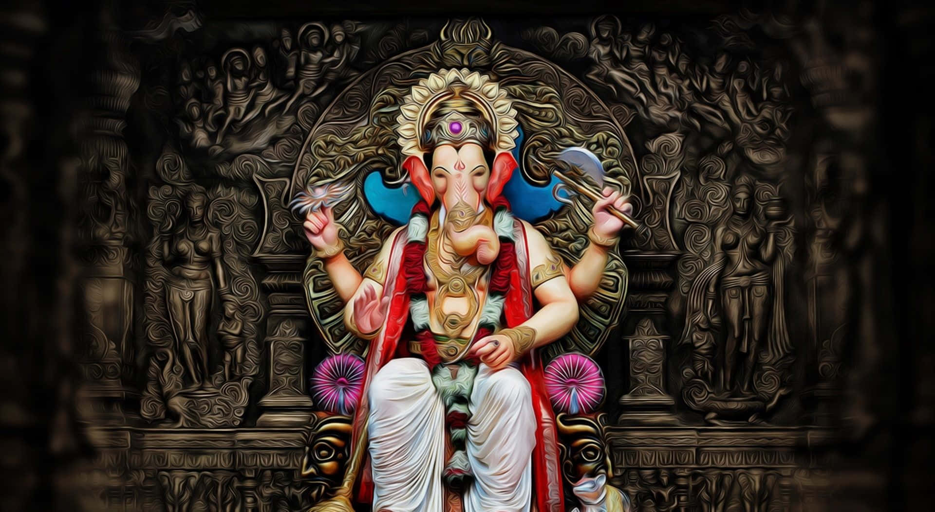Ganesh 桌布 壁紙 — 象頭神迦內沙威嚴地坐在華麗的寶座上，寶座飾有精緻的雕刻和鮮豔的粉紅色花朵。