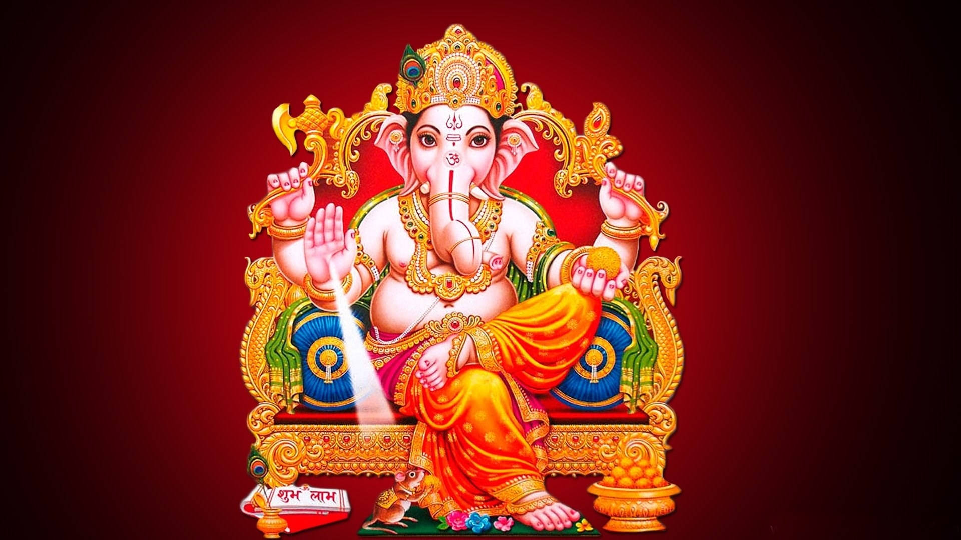 Ganesh 桌布 壁紙 — 象頭神迦內沙威嚴地坐在華麗的金色寶座上，背景是深紅色，身穿鮮豔的橙色和金色服飾，飾有精緻的珠寶。