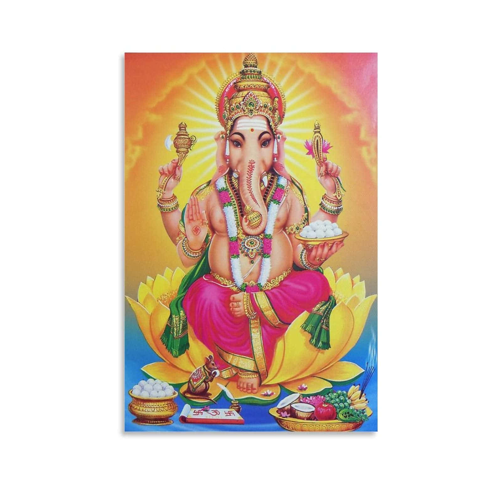 Religious Art 桌布 壁紙 — 象頭神迦內沙威嚴地坐在黃色蓮花上，手持智慧與繁榮的象徵，背景是燦爛的橙色和黃色天空。