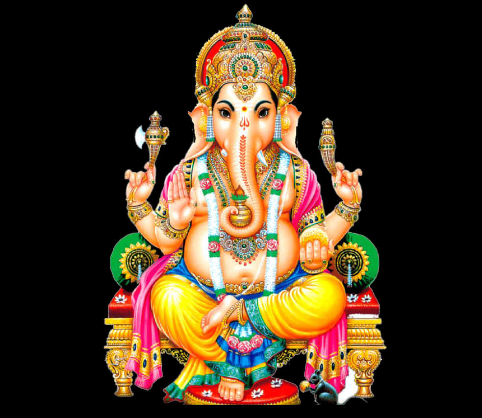 Hindu God 桌布 壁紙 — 象頭神迦尼薩威嚴地坐在華麗的寶座上，寶座飾有鮮豔的粉紅、黃色和綠色布料，祂的四隻手持著象徵性的物品。