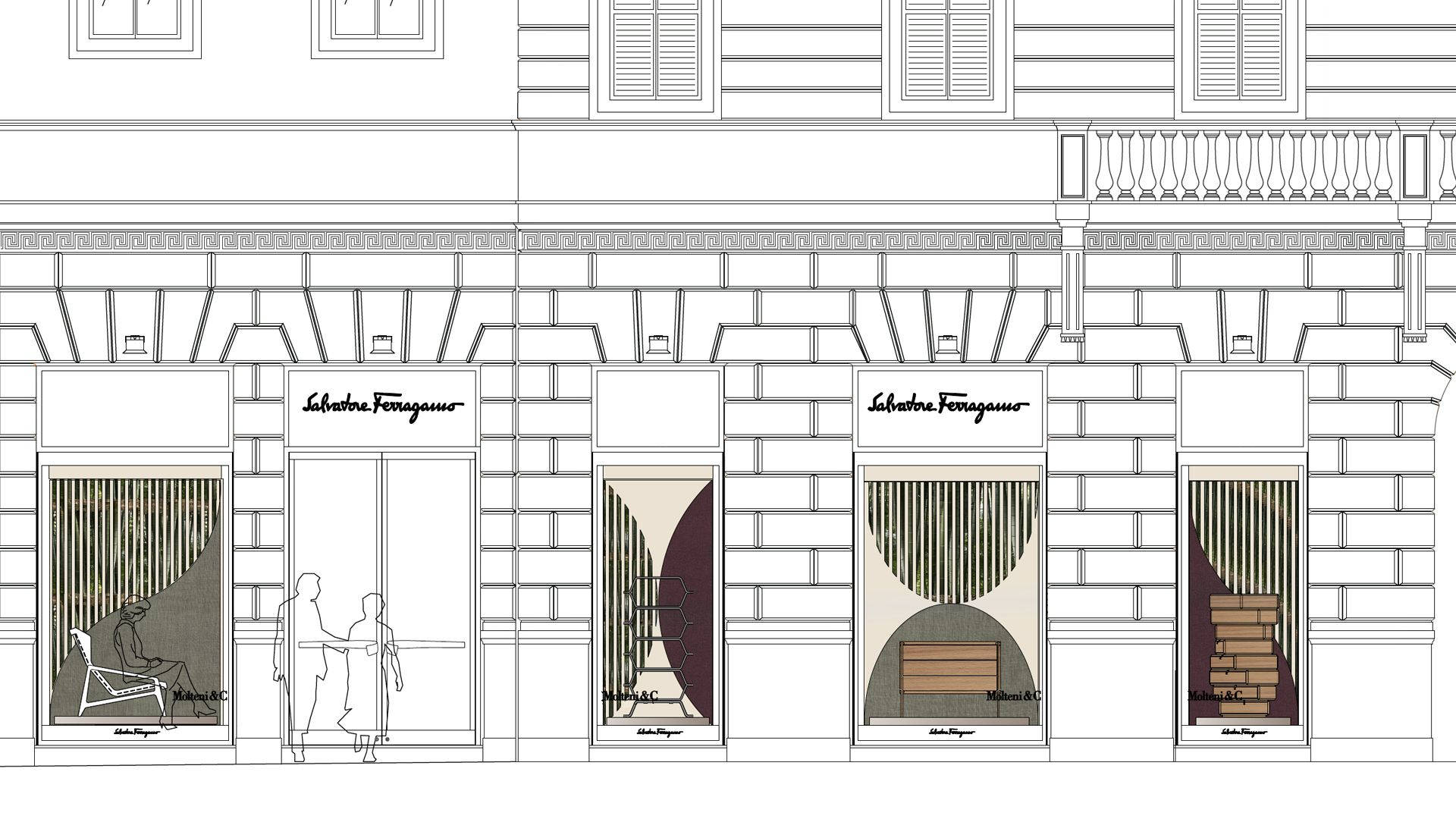 Ferragamo 桌布 壁紙 — 豪華商店外牆的建築線條圖，配有風格化的櫥窗展示和兩個剪影人物在外面。