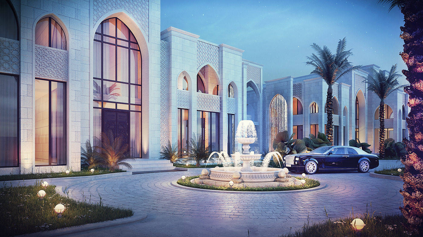 Riyadh 桌布 壁紙 — 豪華大宅，配有拱形窗戶和噴泉，夜晚在柔和燈光和棕櫚樹的映襯下閃耀。