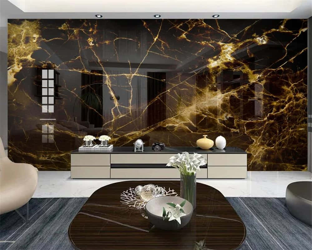 Living Room 桌布 壁紙 — 豪華客廳，配有黑金大理石牆、現代家具和白色花卉中心裝飾。