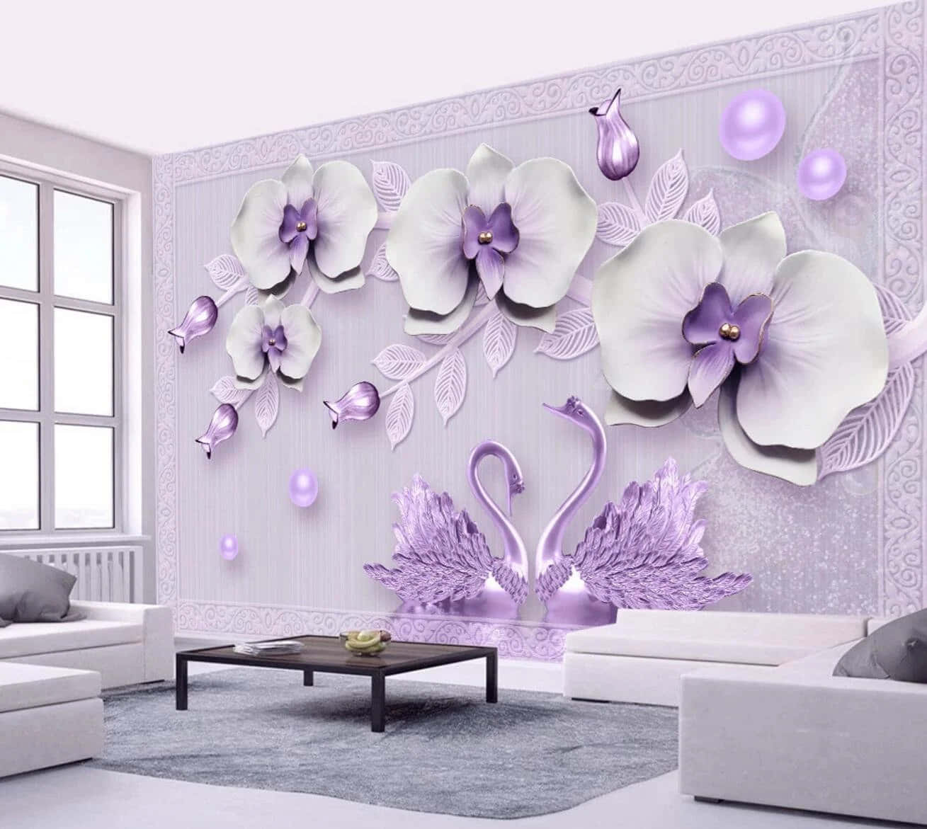 Purple Decor 桌布 壁紙 — 豪華客廳採用3D壁紙，以淺紫色紋理背景襯托，圖案包括大型白色和紫色蘭花、兩隻天鵝以及漂浮的珍珠。