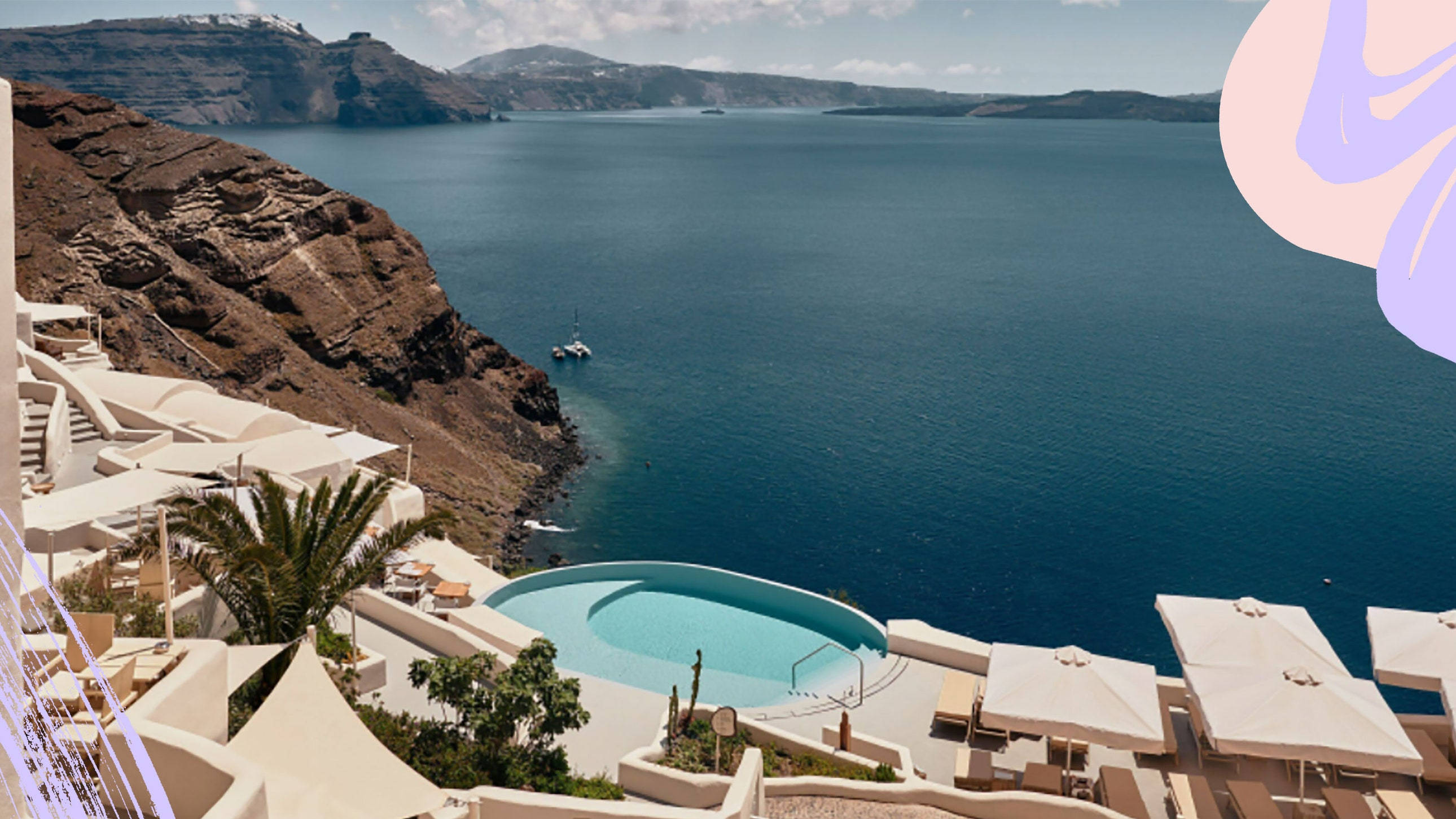 Santorini 桌布 壁紙 — 豪華懸崖邊無邊際泳池，俯瞰深藍色的愛琴海，白色遮陽傘和火山懸崖在明亮的天空下。