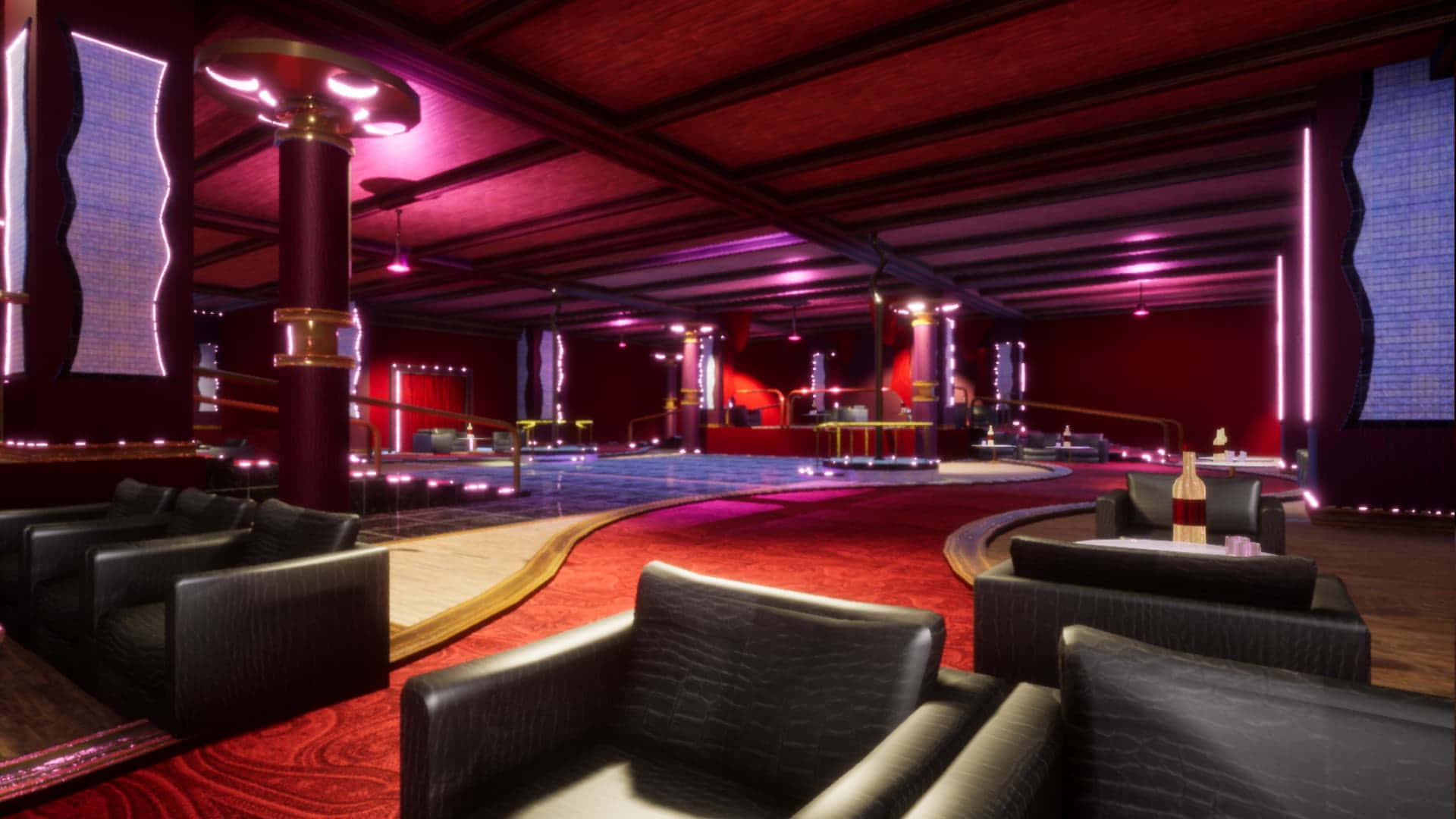Nightclub 桌布 壁紙 — 豪華未來風格休息室，配有發光紫色霓虹燈、紅色地毯和黑色皮革座椅，位於高天花板下。