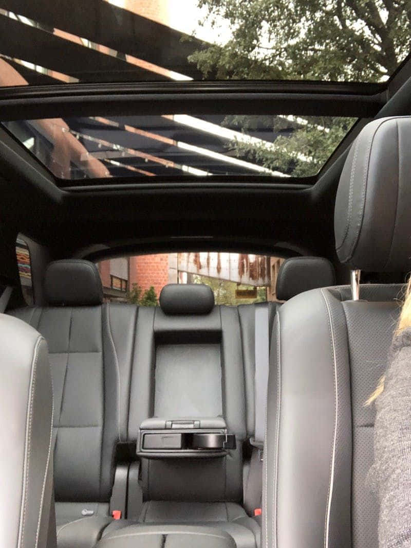 Family Car 桌布 壁紙 — 豪華汽車後座內部視圖，配備全景天窗，顯示外面的樹木和城市建築。