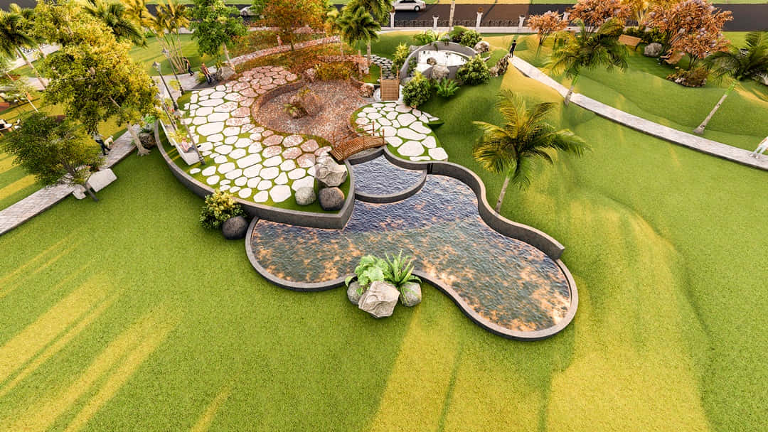 3d Landscape 桌布 壁紙 — 豪華熱帶花園的鳥瞰圖，蜿蜒的石徑和曲折的水景，周圍環繞著茂密的綠草和棕櫚樹。