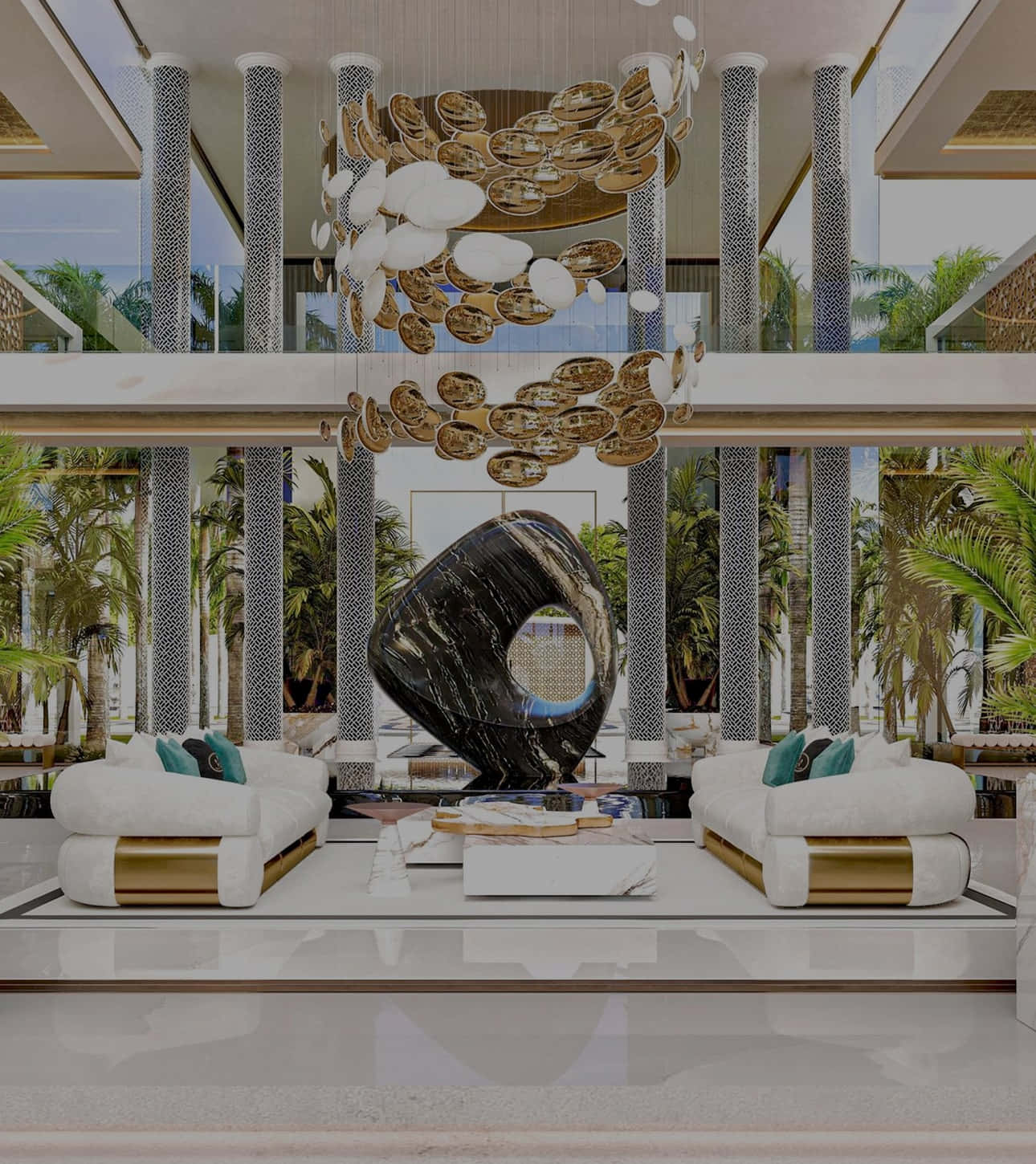 Interior Design 桌布 壁紙 — 豪華現代客廳，配有白色沙發、金色點綴、大理石地板，以及宏偉吊燈下的大型雕塑中心裝飾。