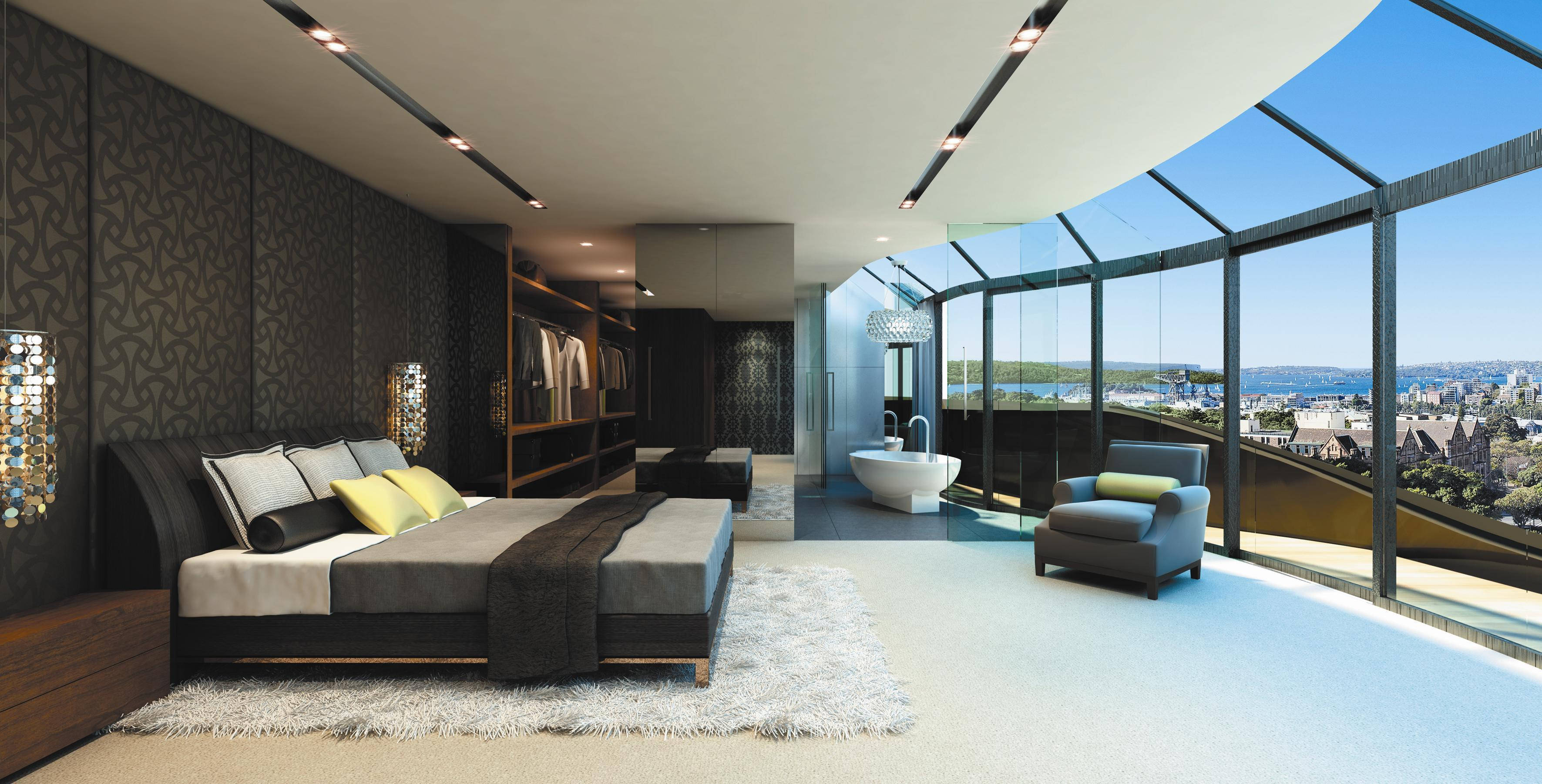 Apartment 桌布 壁紙 — 豪華現代臥室，設有落地窗，可俯瞰晴朗藍天下廣闊的城市景觀。