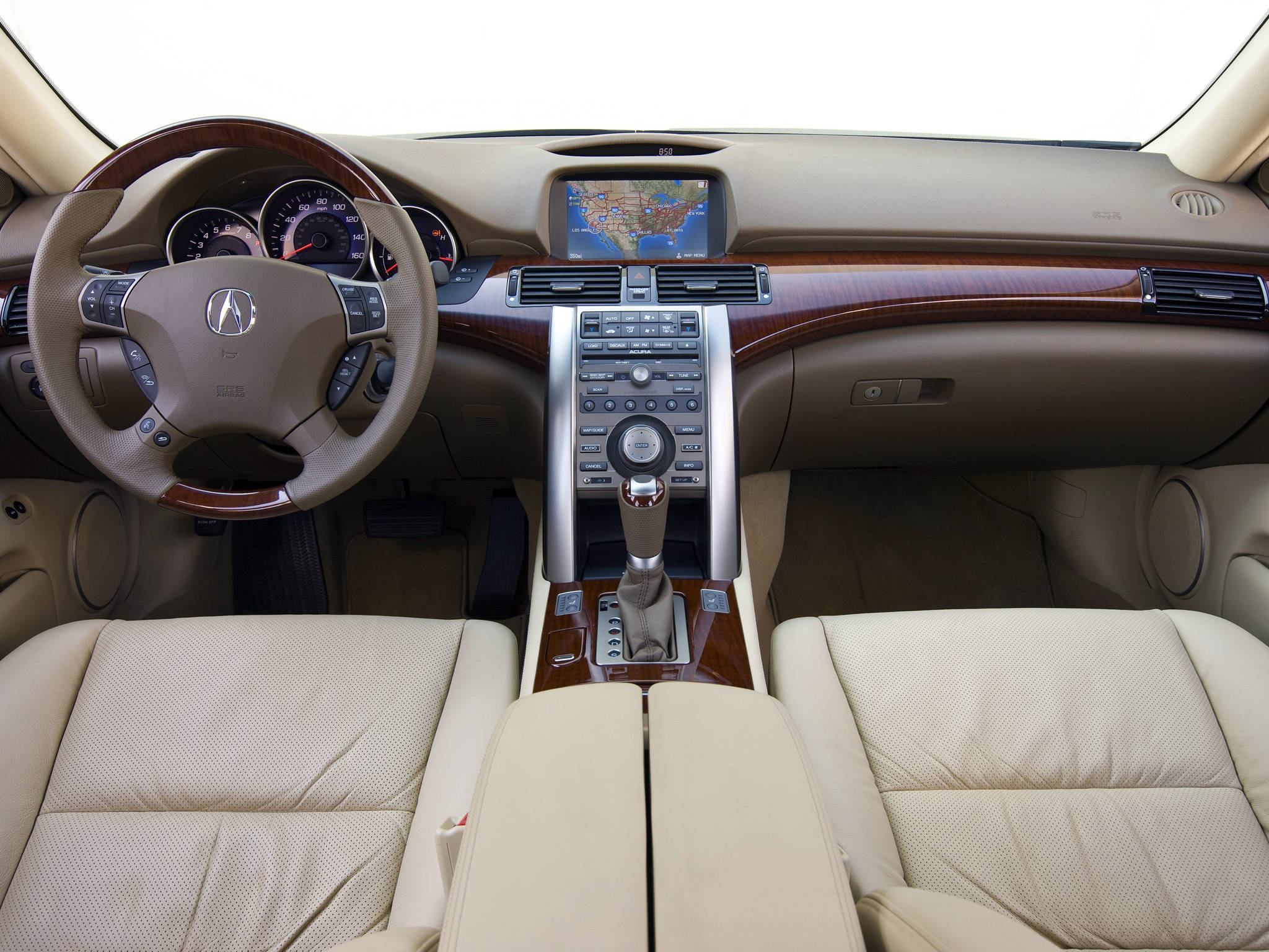 Acura 桌布 壁紙 — 豪華的米色皮革汽車內飾，配有木飾邊和數位導航螢幕。