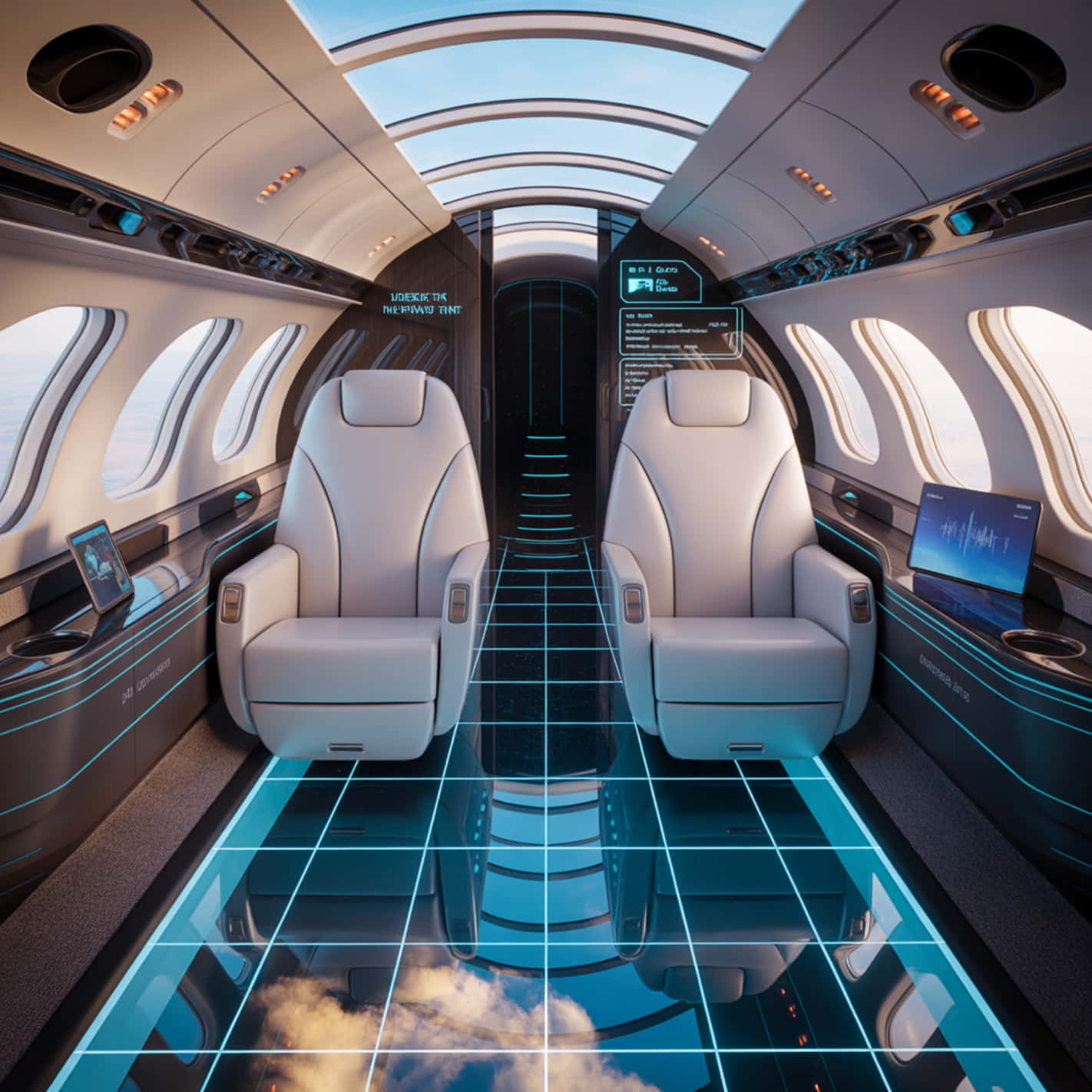 Private Jet 桌布 壁紙 — 豪華私人飛機內部，白色皮革座椅散發藍色霓虹線條，光澤地板上映出雲朵倒影。