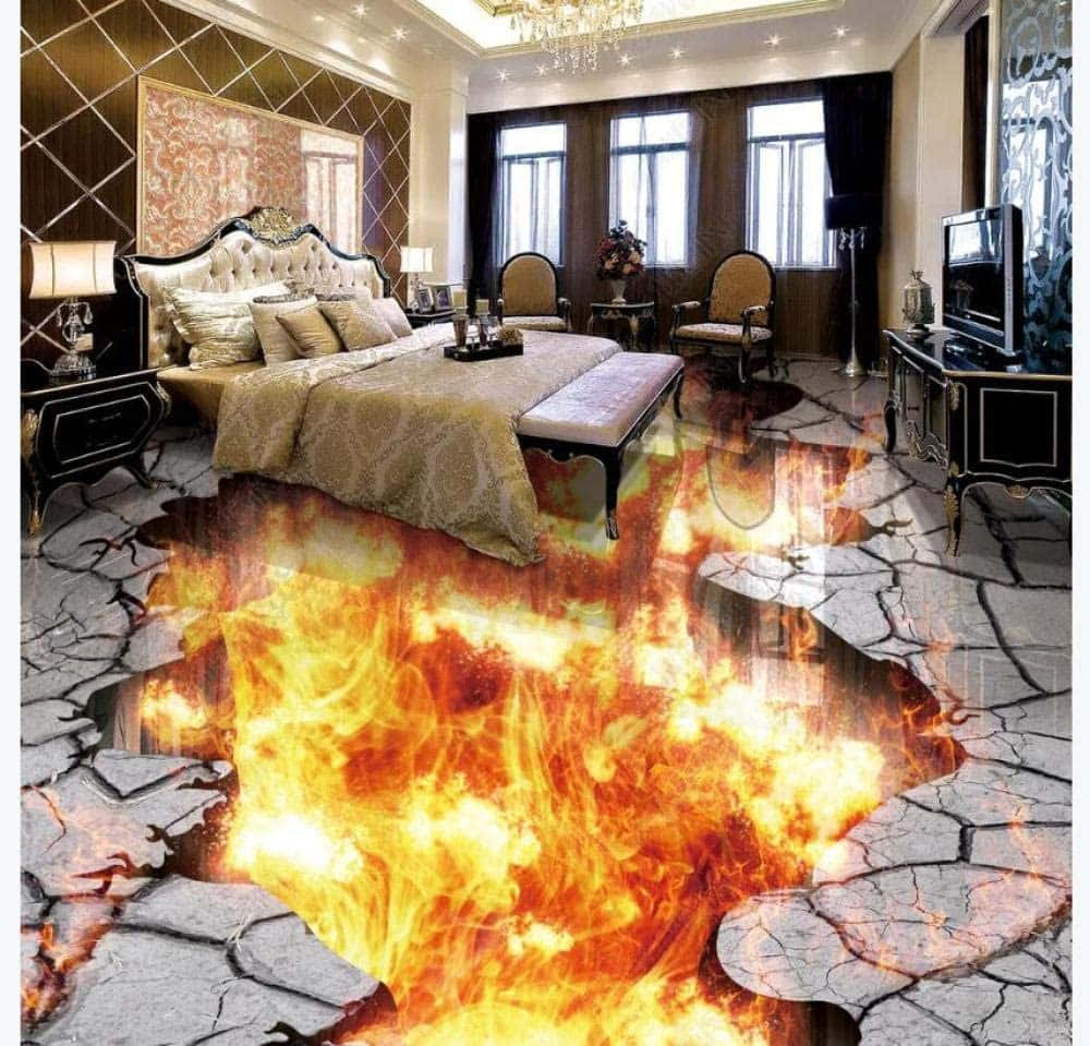 3d Fire 桌布 壁紙 — 豪華臥室，配有華麗家具，地板幻覺顯示裂開的石頭中噴出噼啪作響的火焰。