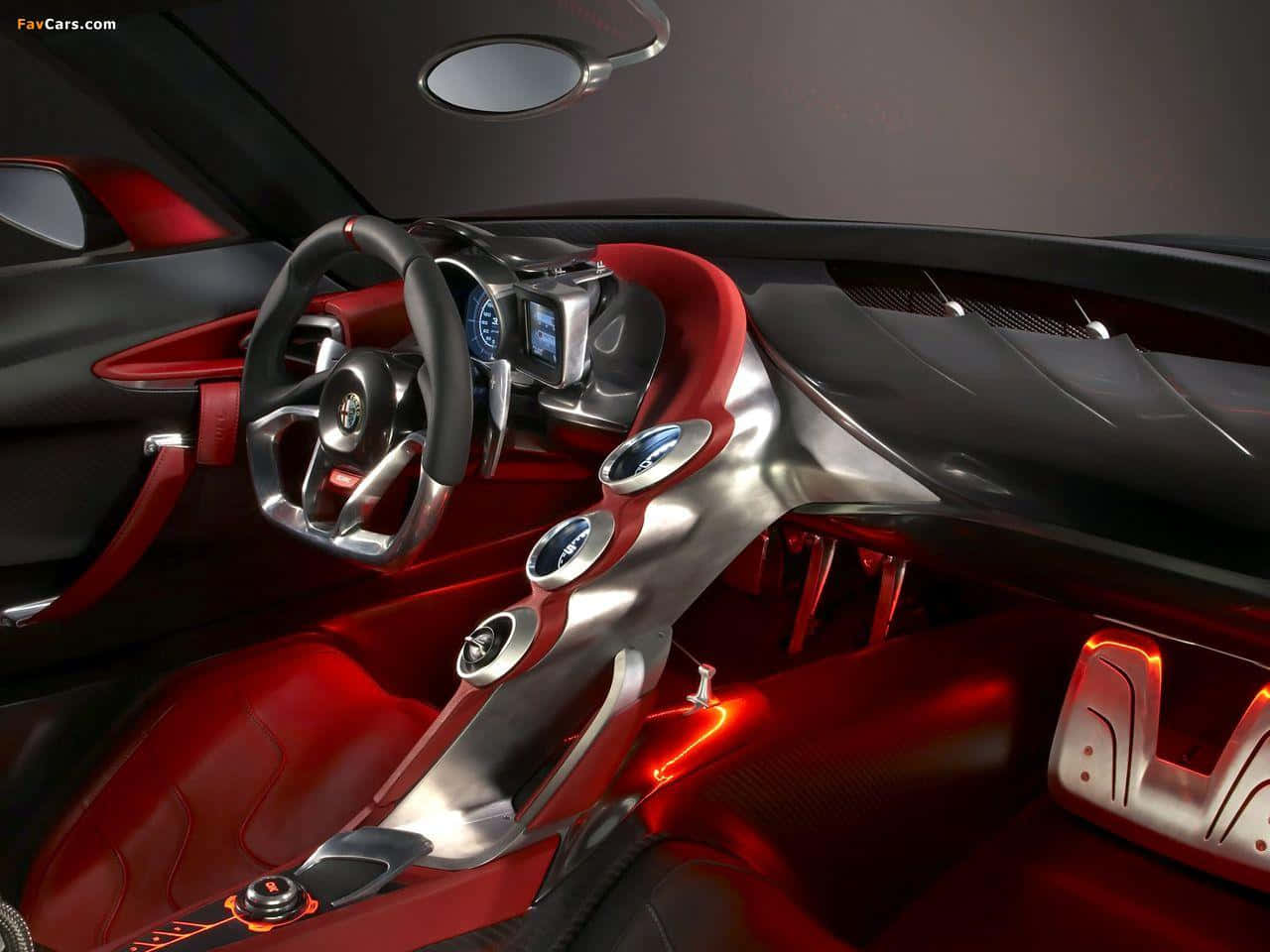 Alfa Romeo 4c 桌布 壁紙 — 豪華跑車內裝，配有紅色皮革座椅和金屬飾邊，環境照明下。