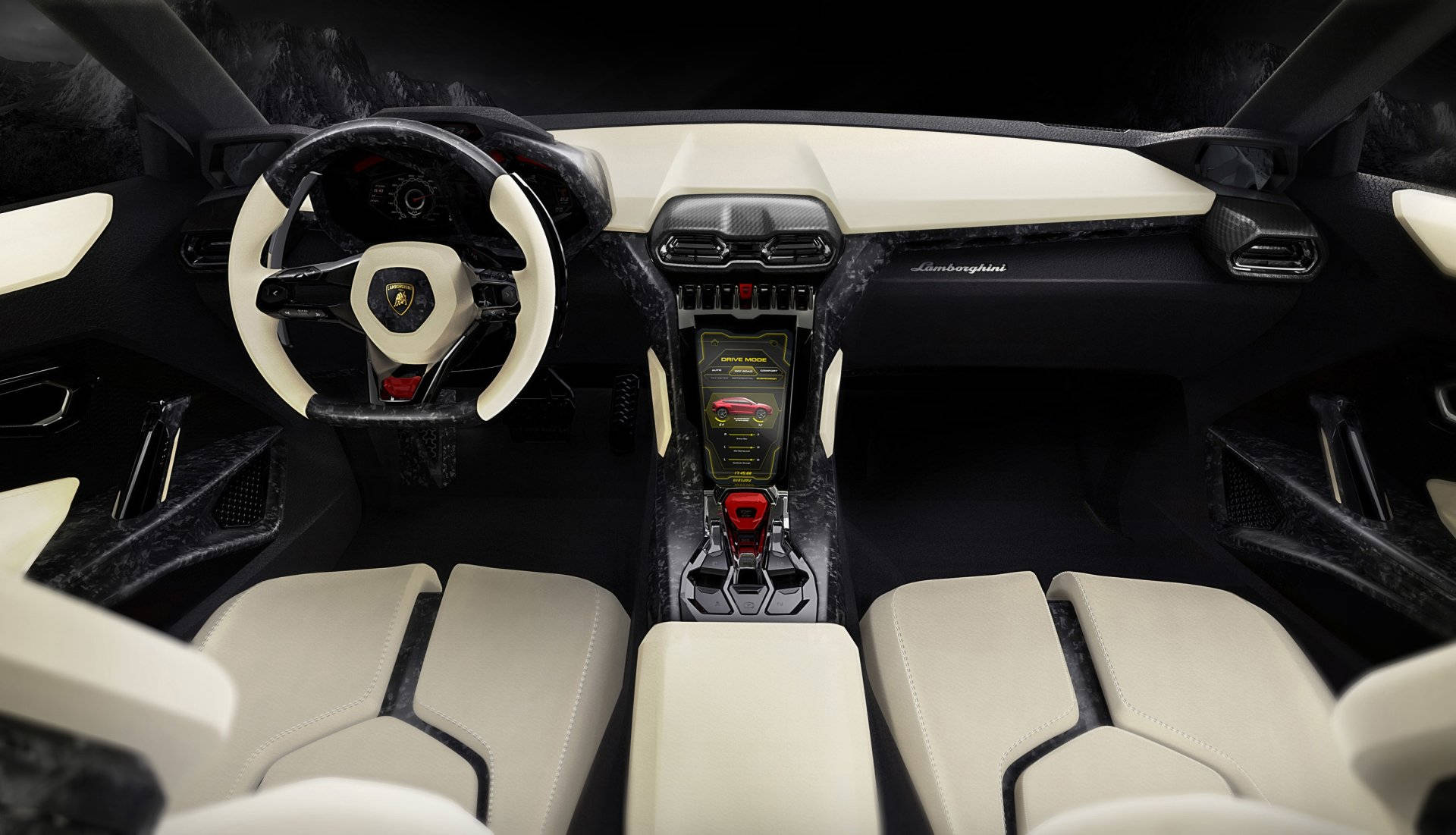 lambo 桌布 壁紙 — 豪華跑車內飾，配備奶油色皮革座椅、黑色碳纖維飾邊以及方向盤和排檔桿上的紅色點綴。