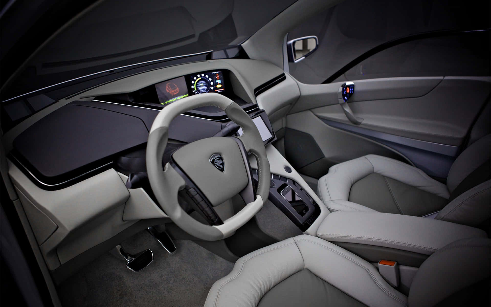 Proton 桌布 壁紙 — 豪華車內裝，配以簡約灰色皮革座椅和數位儀表板，柔和環境燈光。