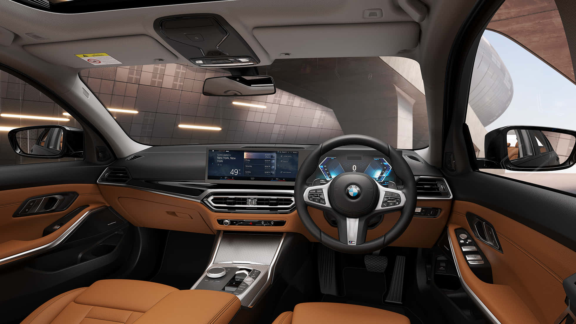 Bmw 3 Series 桌布 壁紙 — 豪華車內裝，配備棕褐色皮革座椅和數位儀表板，在明亮日光下閃耀。