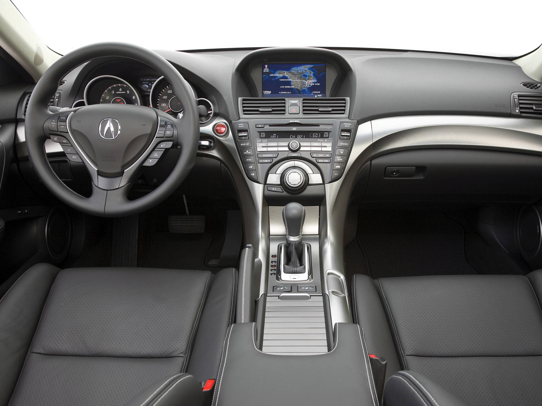 Acura 桌布 壁紙 — 豪華車內裝，黑色皮革座椅，銀色裝飾和數位導航螢幕。