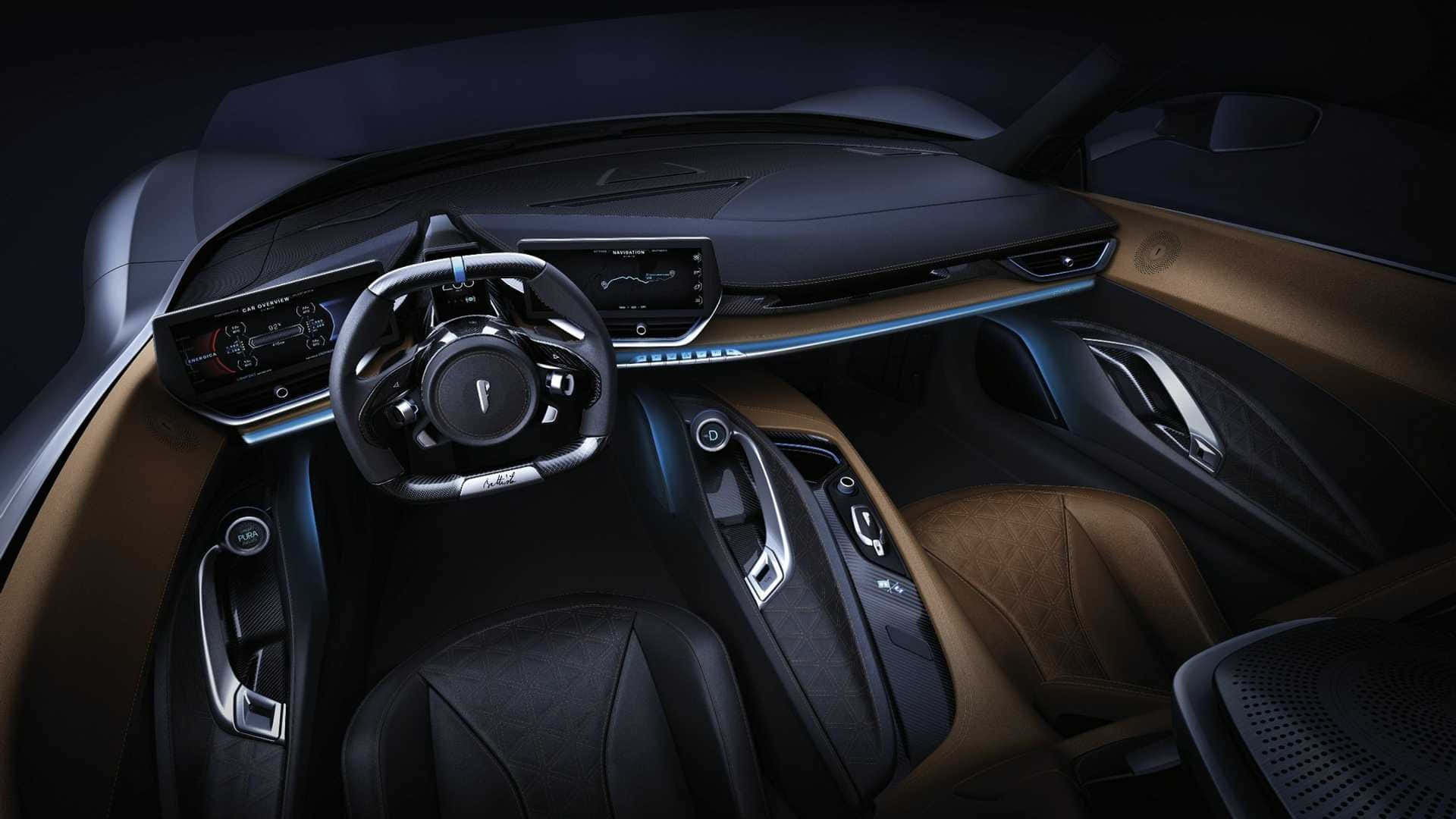 Pininfarina 桌布 壁紙 — 豪華車內裝，黑色皮革座椅和藍色氛圍燈光，凸顯時尚的數位儀表板和方向盤。